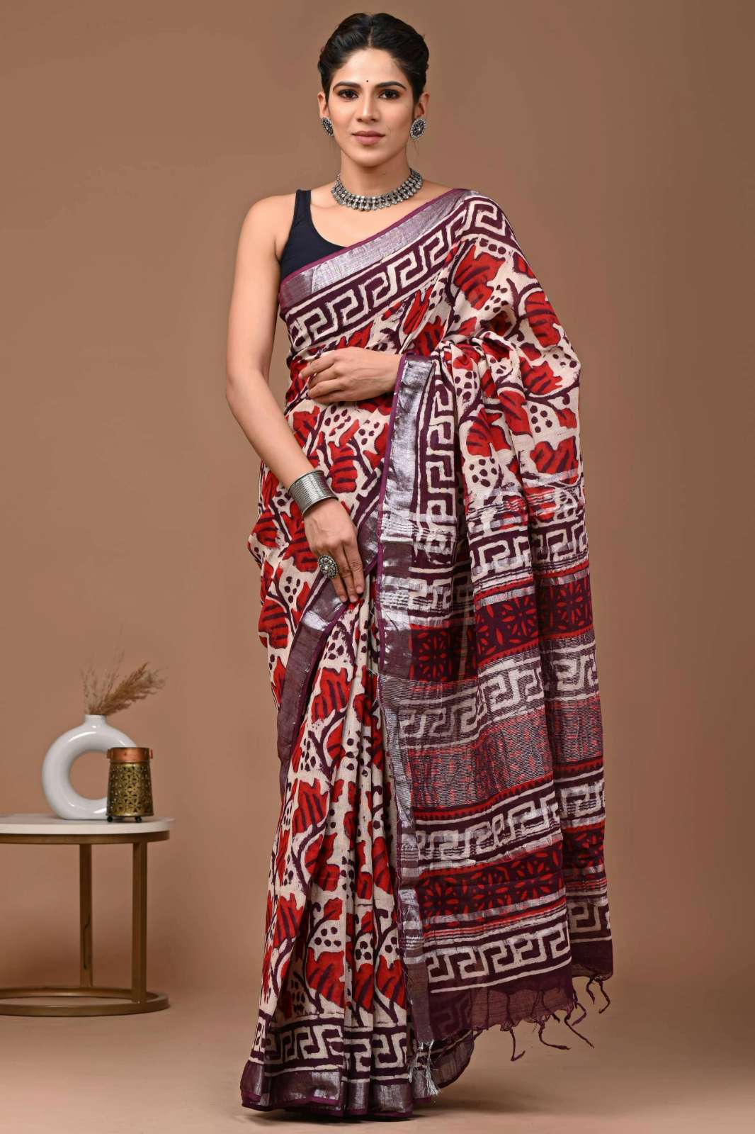 Shri Balaji Emporium RF Bagru hand block printed Pure Linen saree