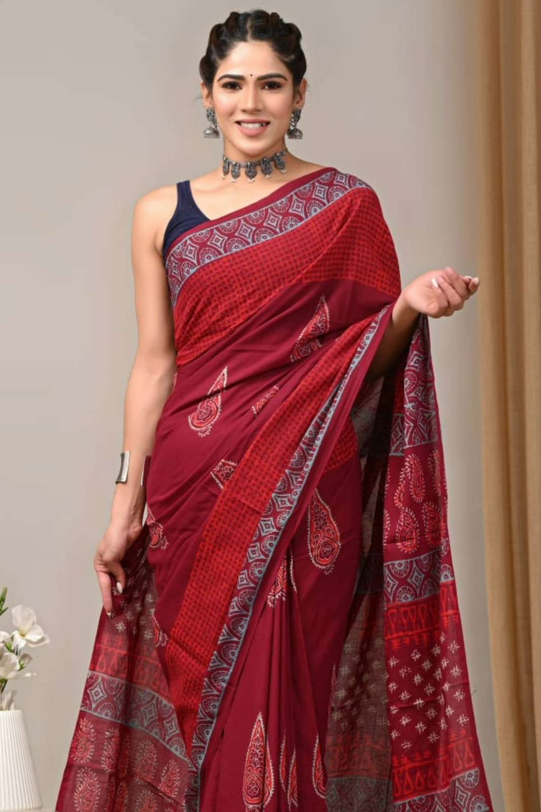 Shri Balaji Emporium RF Hand Block Printed Cotton Mulmul Saree