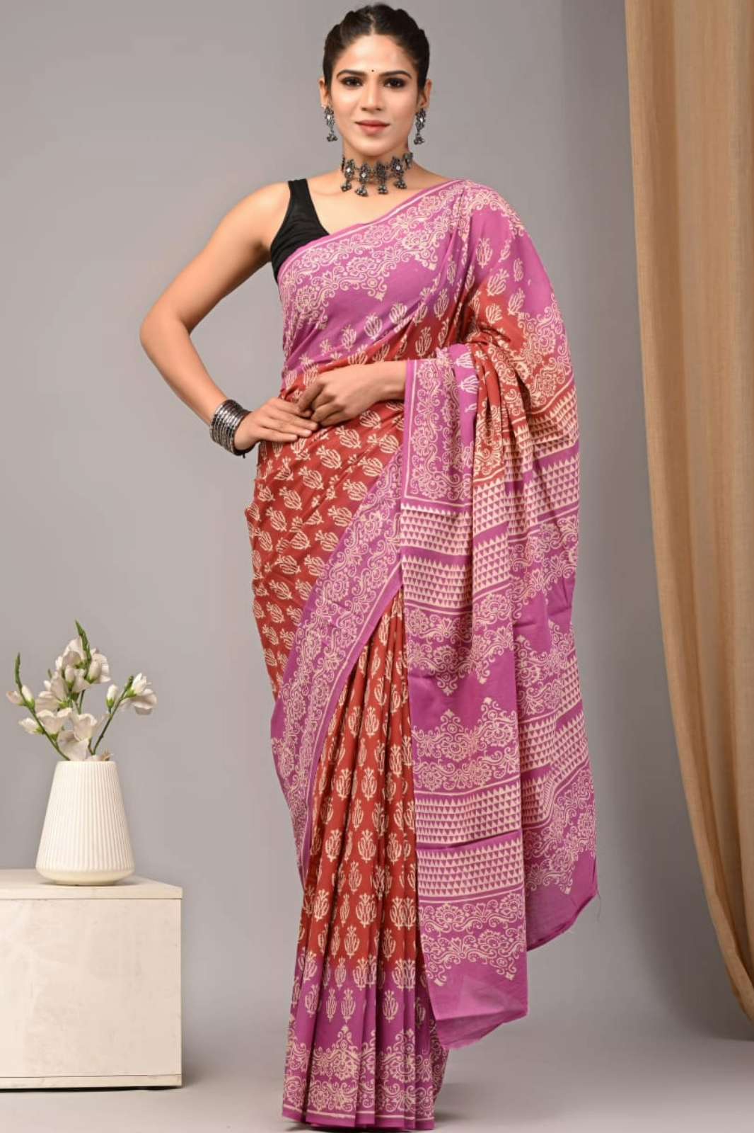 Shri Balaji Emporium RF Hand Block Printed Cotton Mulmul Saree