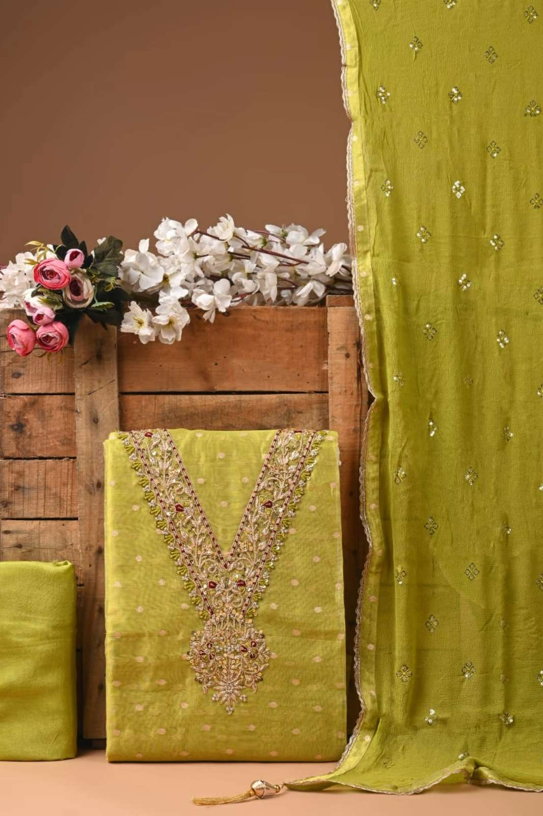 Shri Balaji Emporium RF Tissue Jacquard Embroidered Unstitch Suit