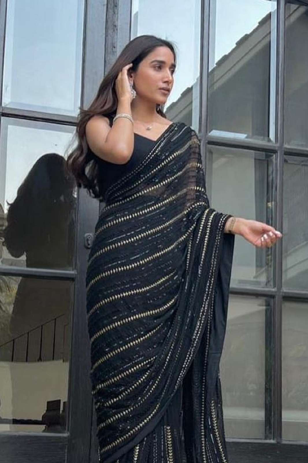 SHRI BALAJI JR595 GEORGETTE SEQUENCE BLACK SAREES
