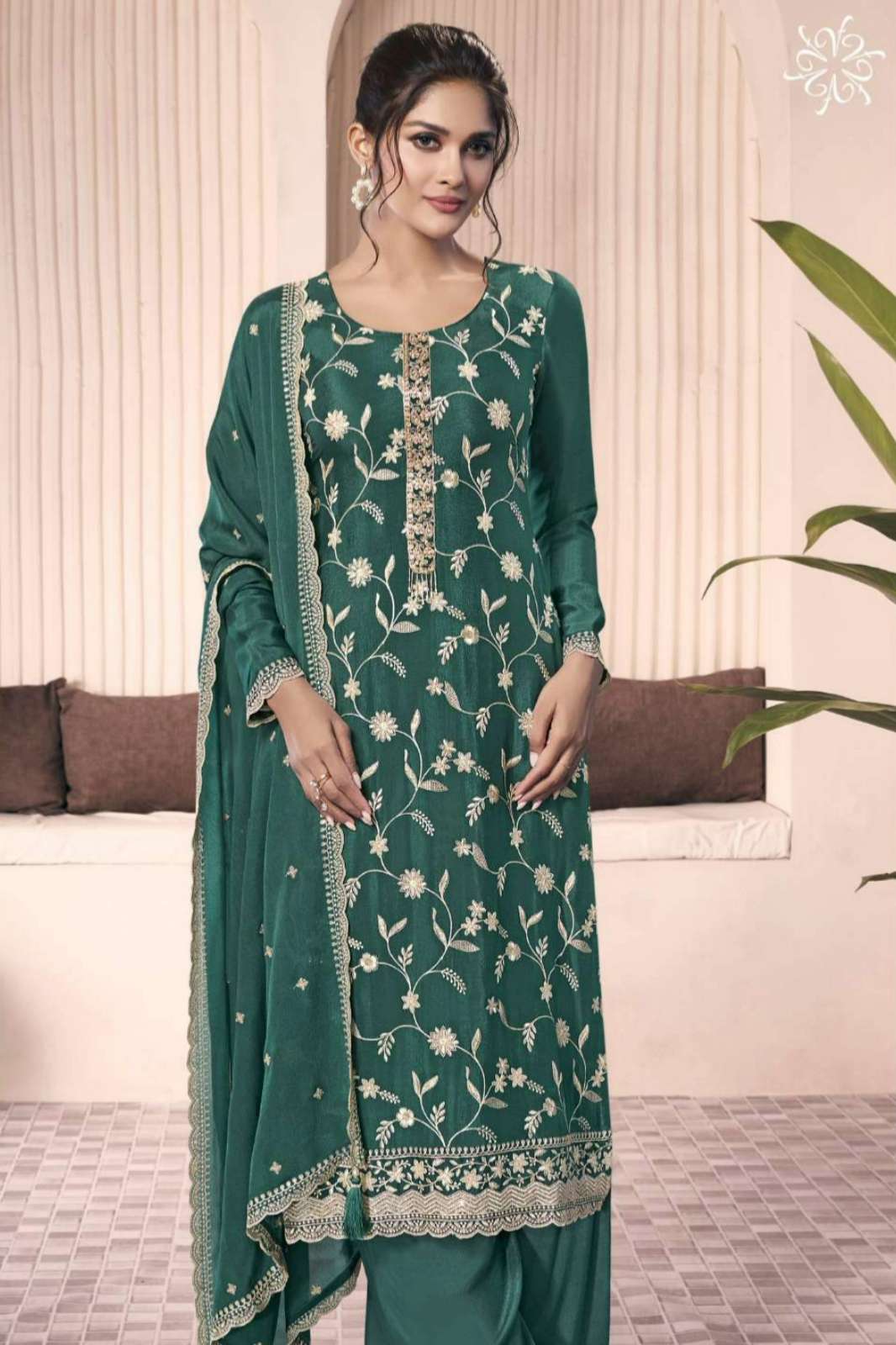 VINAY KULEESH SHAZIA PRINTED CHINON SUIT WITH FANCY EMBROIDERED WORK
