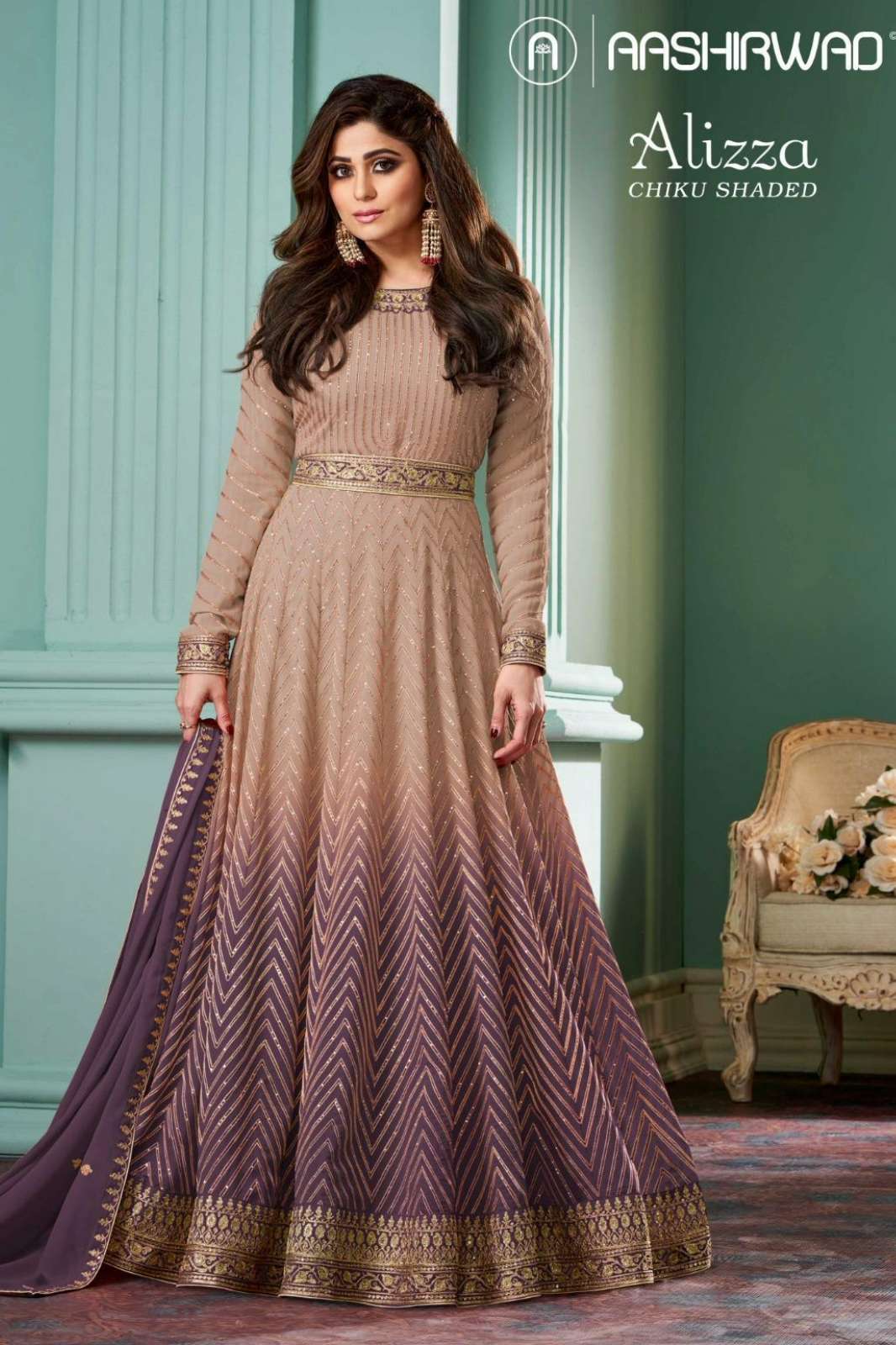 AASHIRWAD ALIZZA CHIKU SHADES READY TO WEAR REAL GEORGETTE ANARKALI SUIT
