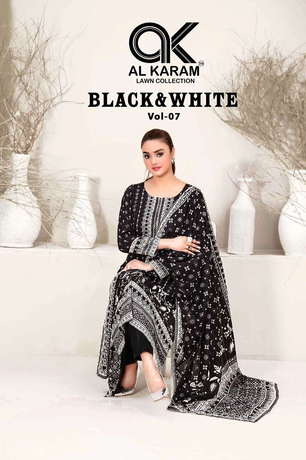 AL KARAM BLACK AND WHITE VOL 7 PURE LAWN DRESS MATERIALS