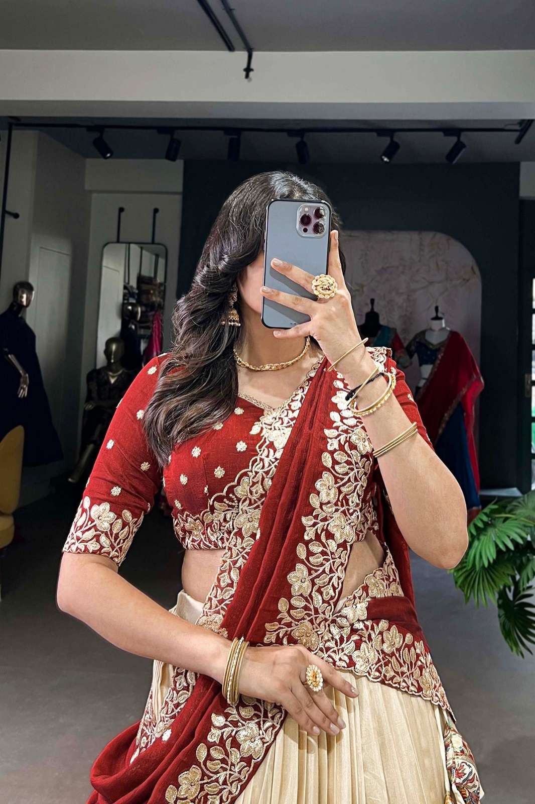 CRAZYCLOTHES 1238 TUSSAR SILK PRINTED WITH FOIL WORKED LEHENGAS