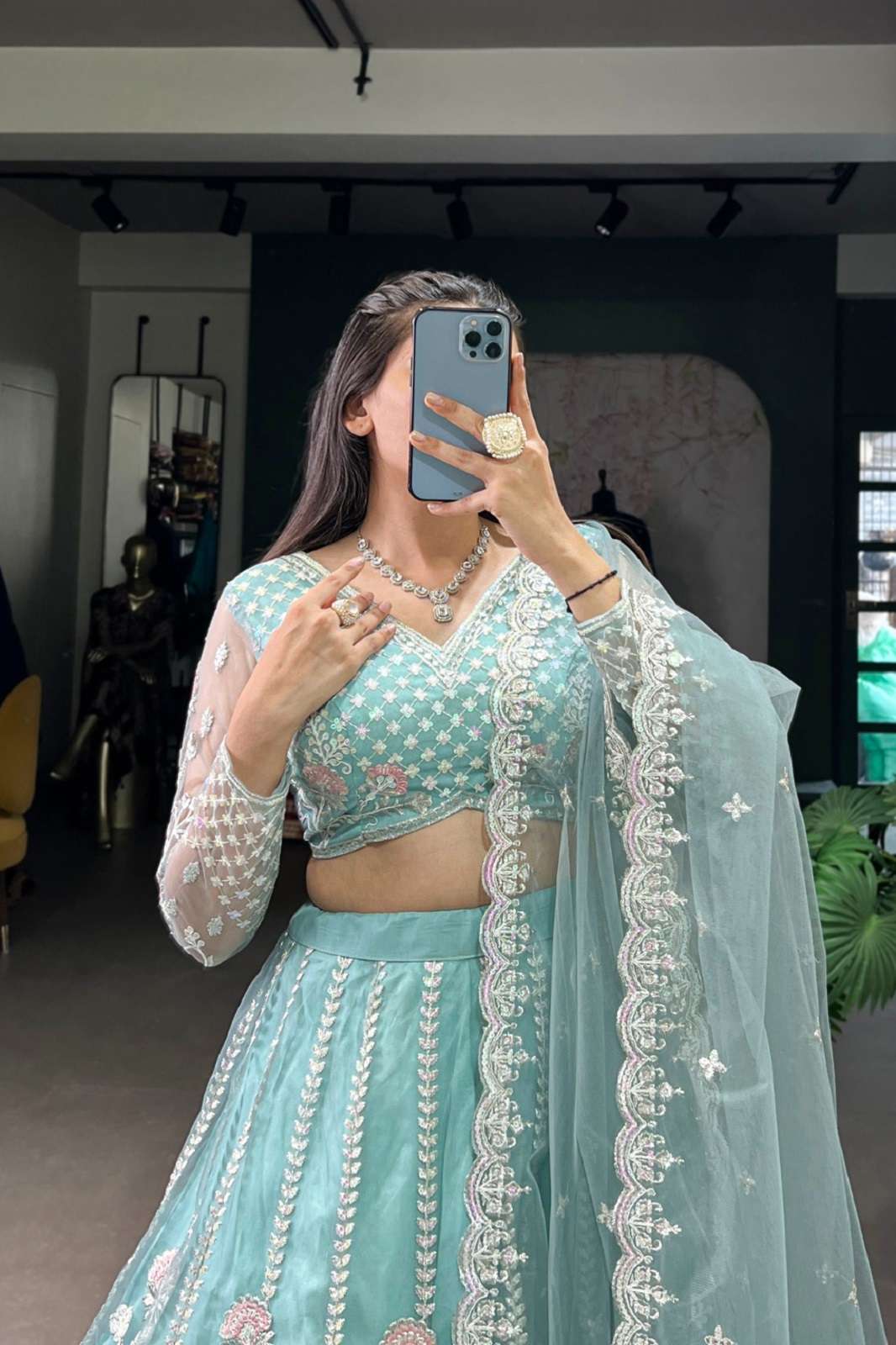 CRAZYCLOTHES 1432 SKY BLUE NET EMBROIDERED NAVRATRI SPEACIAL LEHENGAS