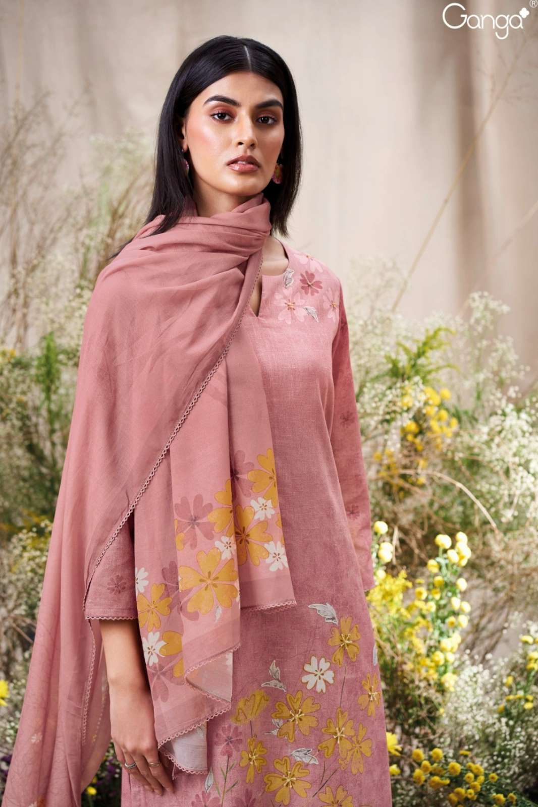GANGA ELA S3566 PREMIUM COTTON LINEN PRINTED SUIT WITH HAND EMBROIDERY