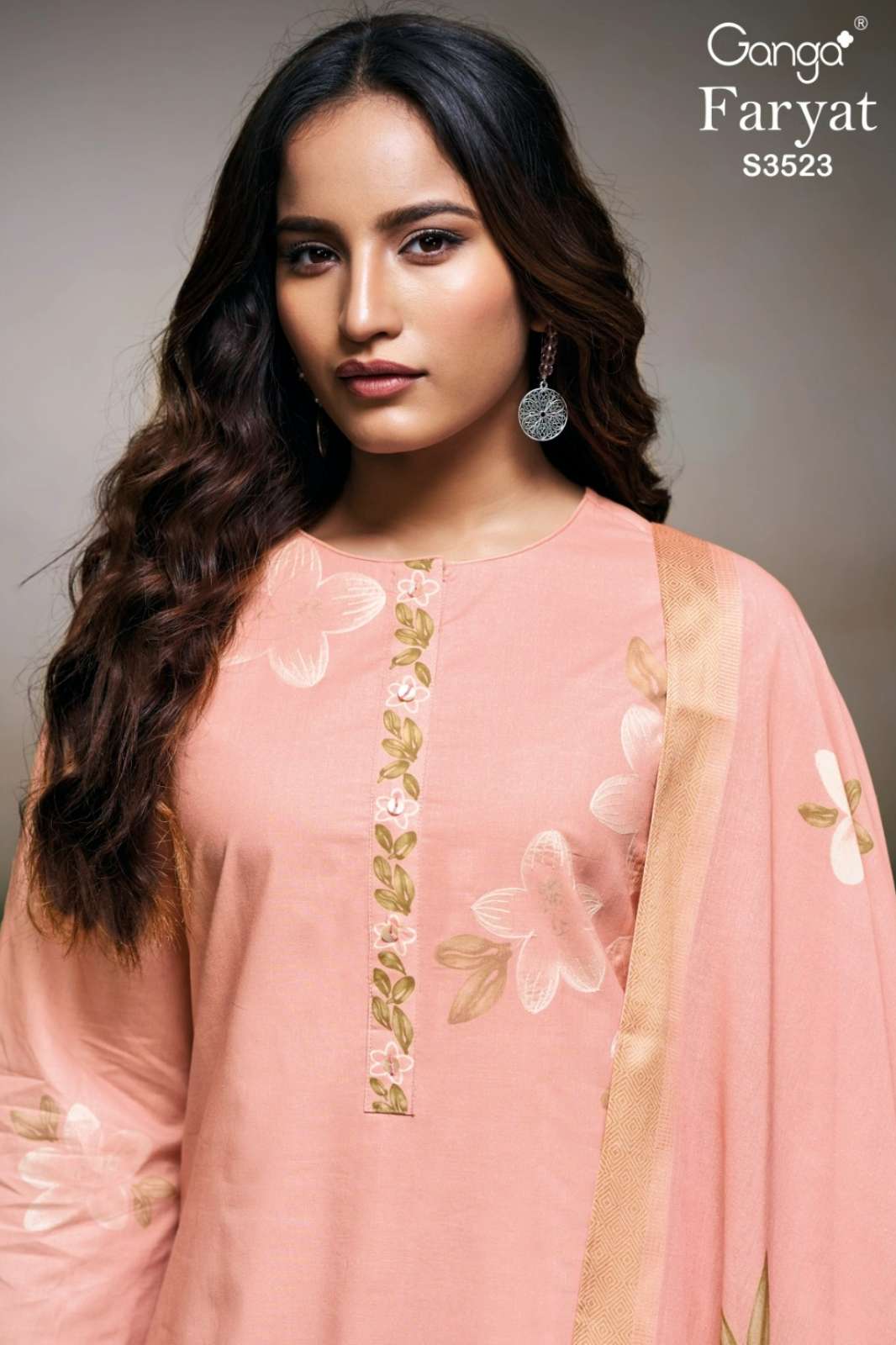 GANGA FARYAT S3523 PREMIUM COTTON PRINTED SUIT WITH HAND EMBROIDERY