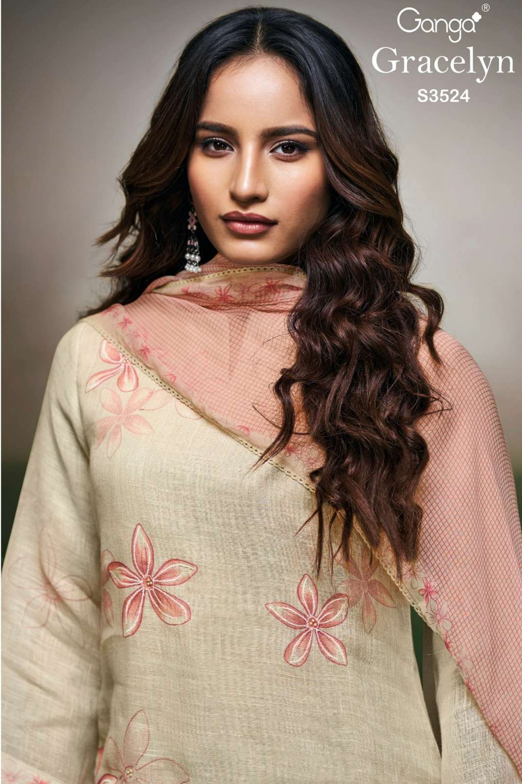 GANGA GRACELYN S3524 PREMIUM PURE LINEN PRINTED SUIT WITH HAND EMBROIDERY