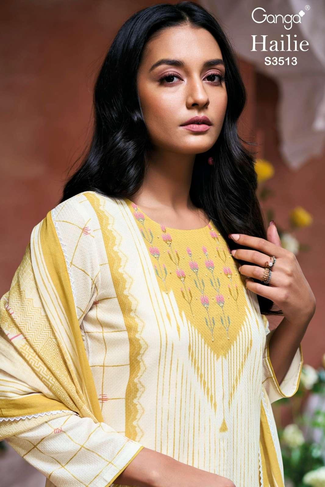 GANGA HAILIE S3513 PREMIUM COTTON DOBBY PRINTED SUIT WITH HAND EMBROIDERY