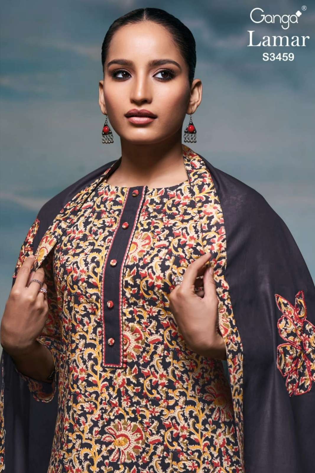 GANGA LAMAR S3459 PREMIUM COTTON PRINTED SUIT WITH HAND EMBROIDERY