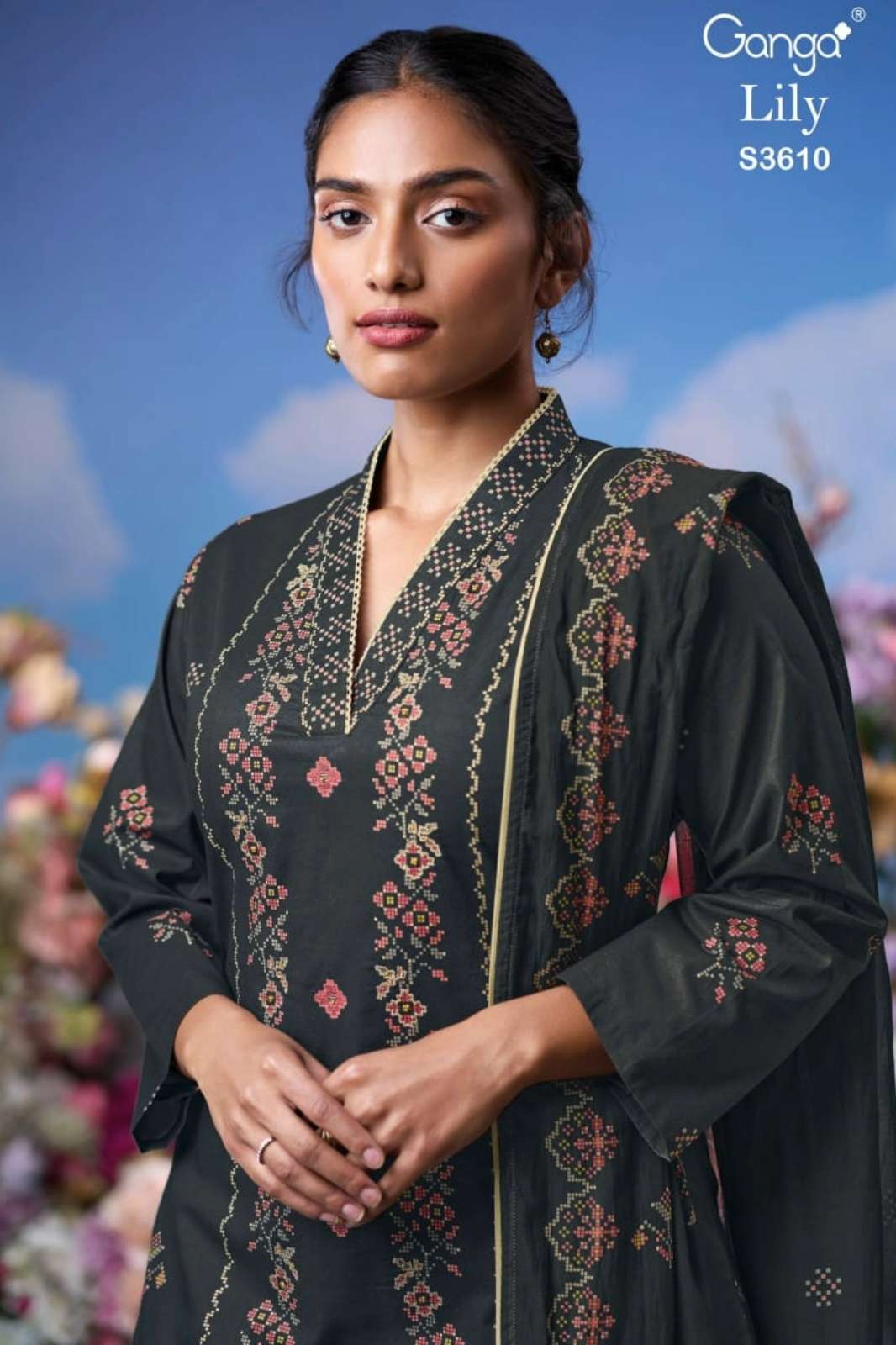 GANGA LILY S3610 PREMIUM COTTON PRINTED SUIT WITH HAND EMBROIDERY