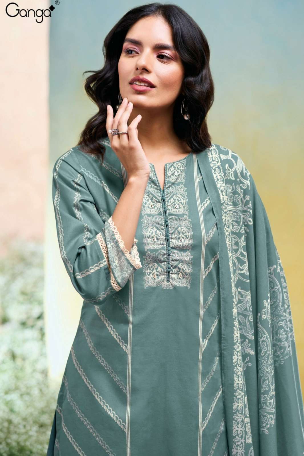 GANGA SANULI S3655 PREMIUM COTTON PRINTED SUIT WITH HAND WORK