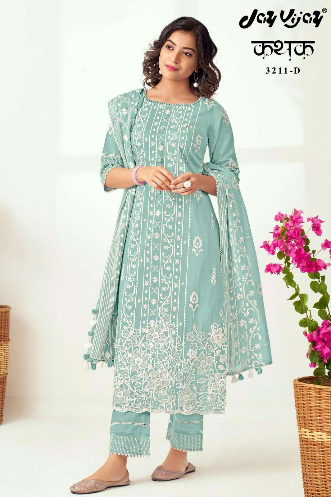 JAY VIJAY KATHAK PURE COTTON BLOCK PRINTED SUIT WITH EMBROIDERY WORK