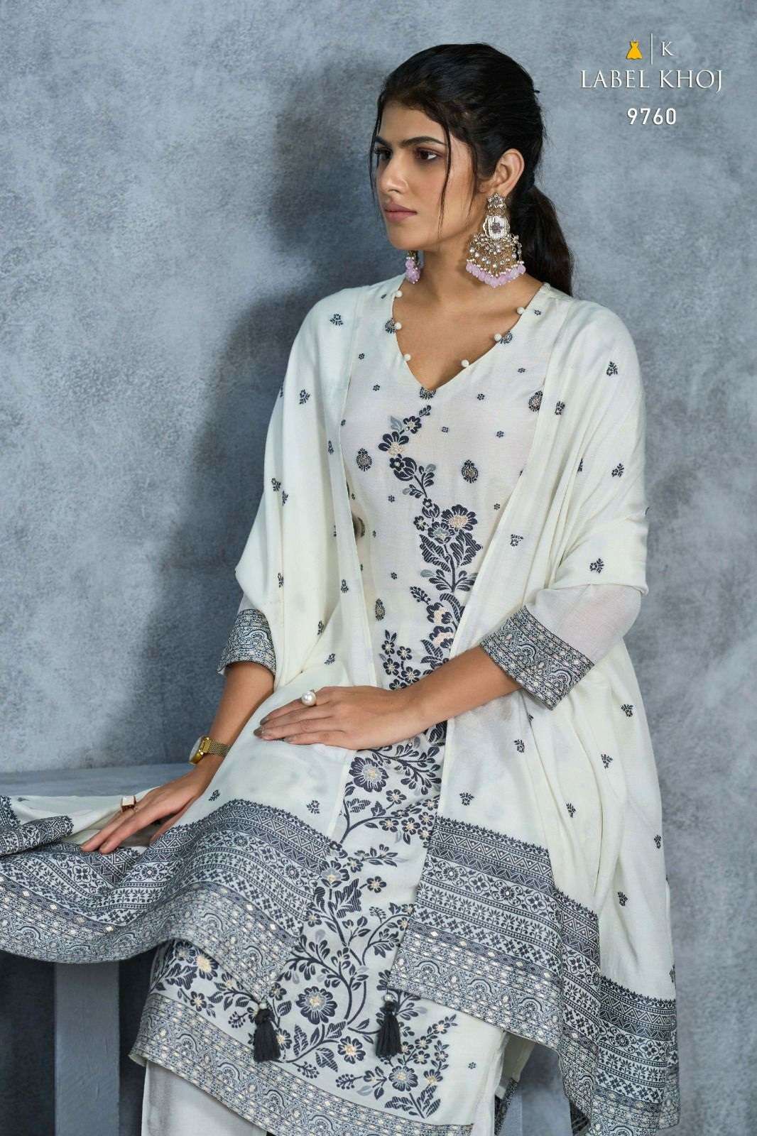 LABEL KHOJ IVORY 9760 MUSLINE JAQUARD READY TO WEAR SUITS