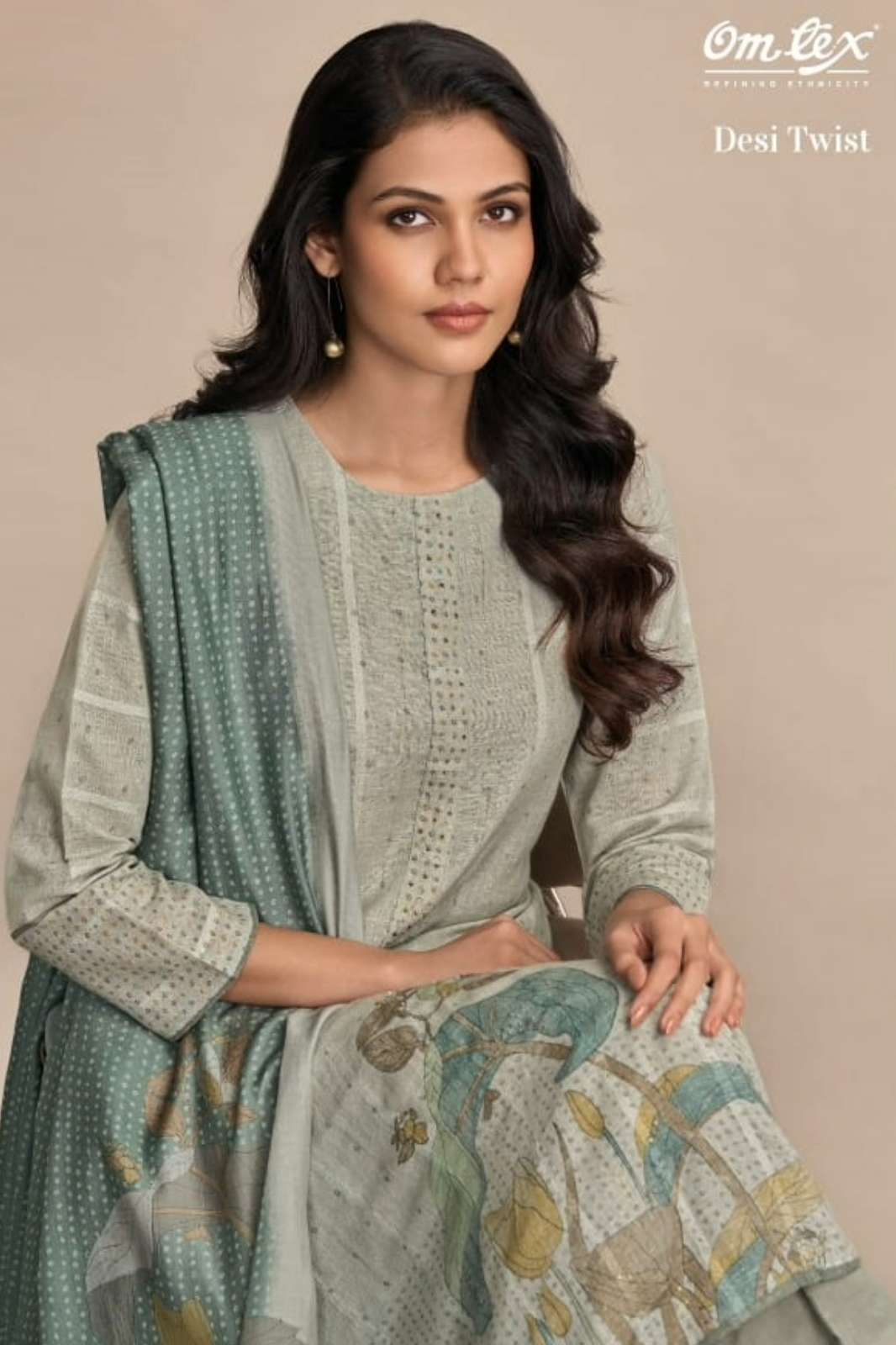 OMTEX DESI TWIST LINEN STRIPES DIGITAL PRINTED SUIT WITH HAND WORK
