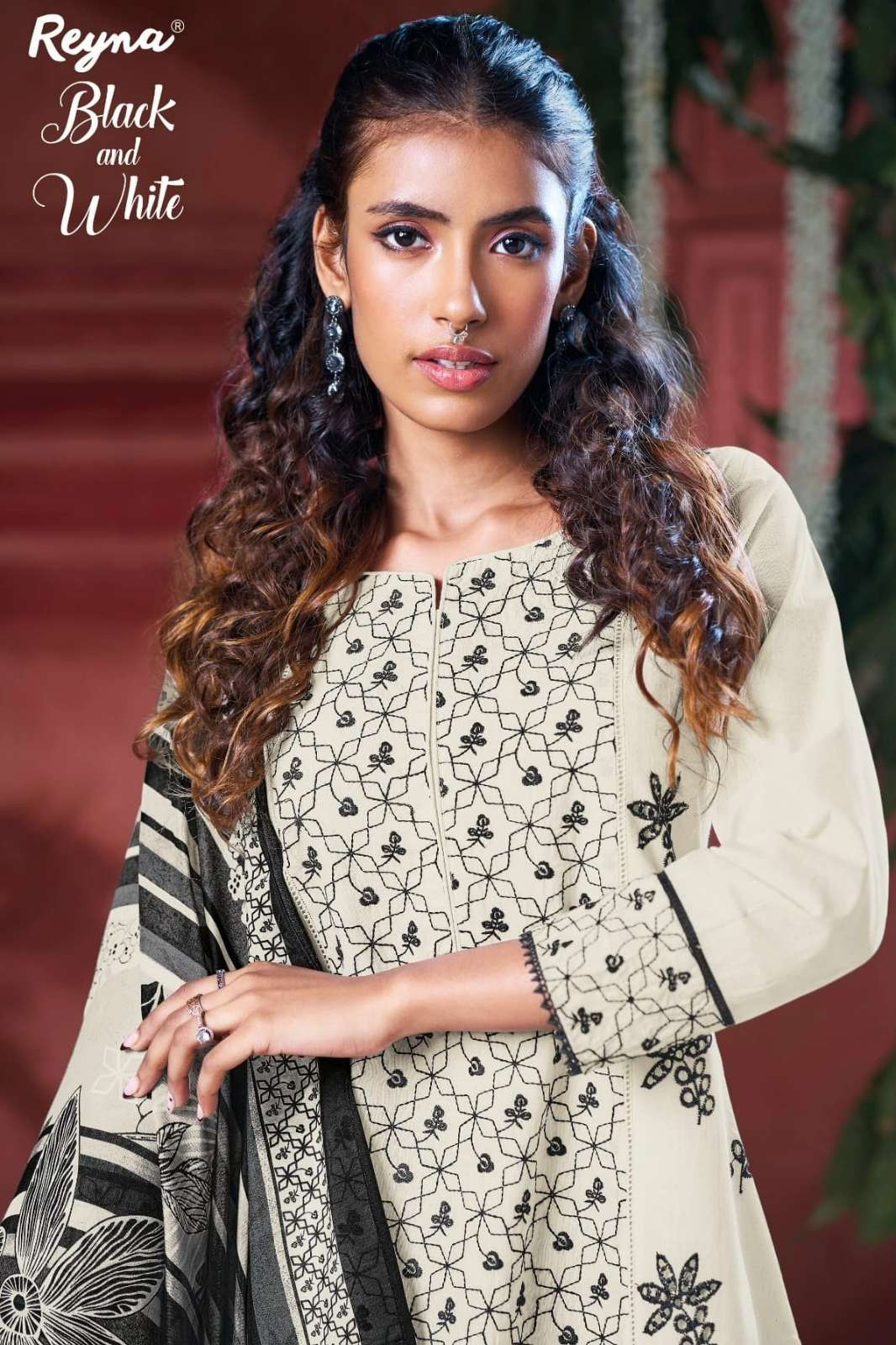 REYNA BLACK AND WHITE SUPERIOR NATURAL COTTON SUIT WITH EMBROIDERY 