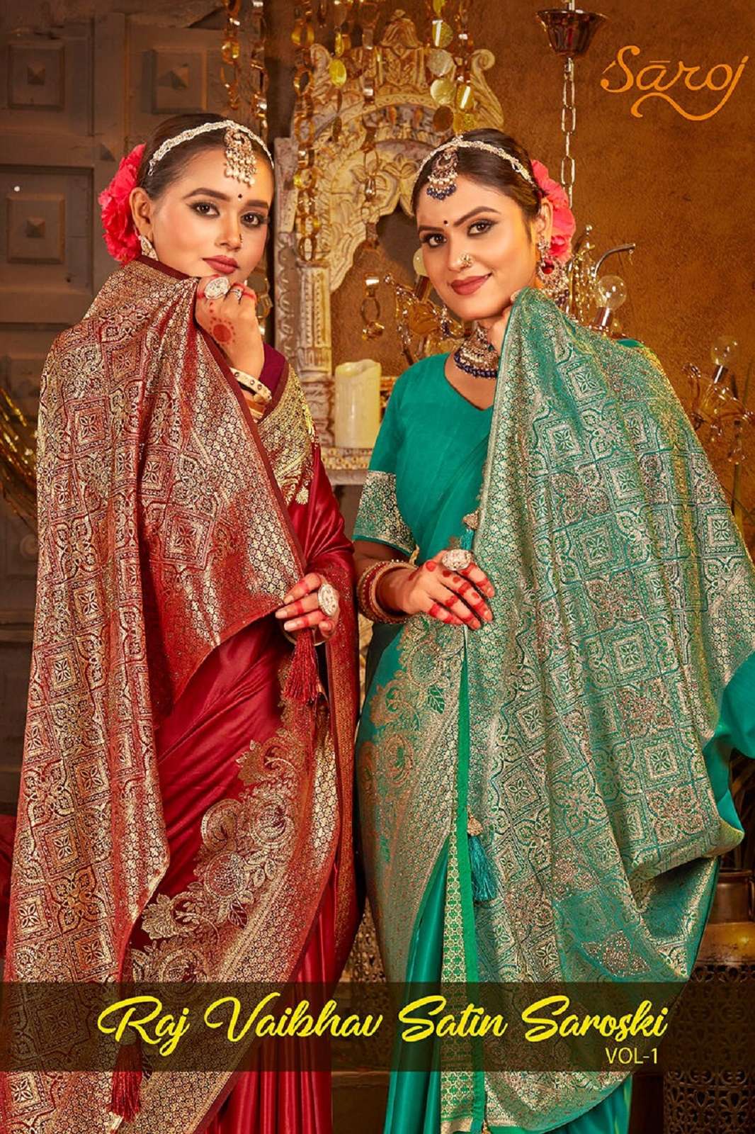 SAROJ SAREES RAJVAIBHAV SATIN SWAROSKI SAREES