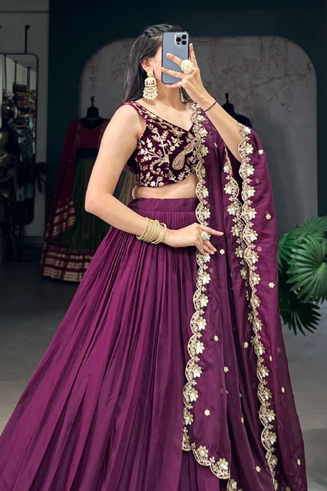 SHRI BALAJI 1431 ORGANZA PLAIN PURPLE DESIGNER LEHENGAS