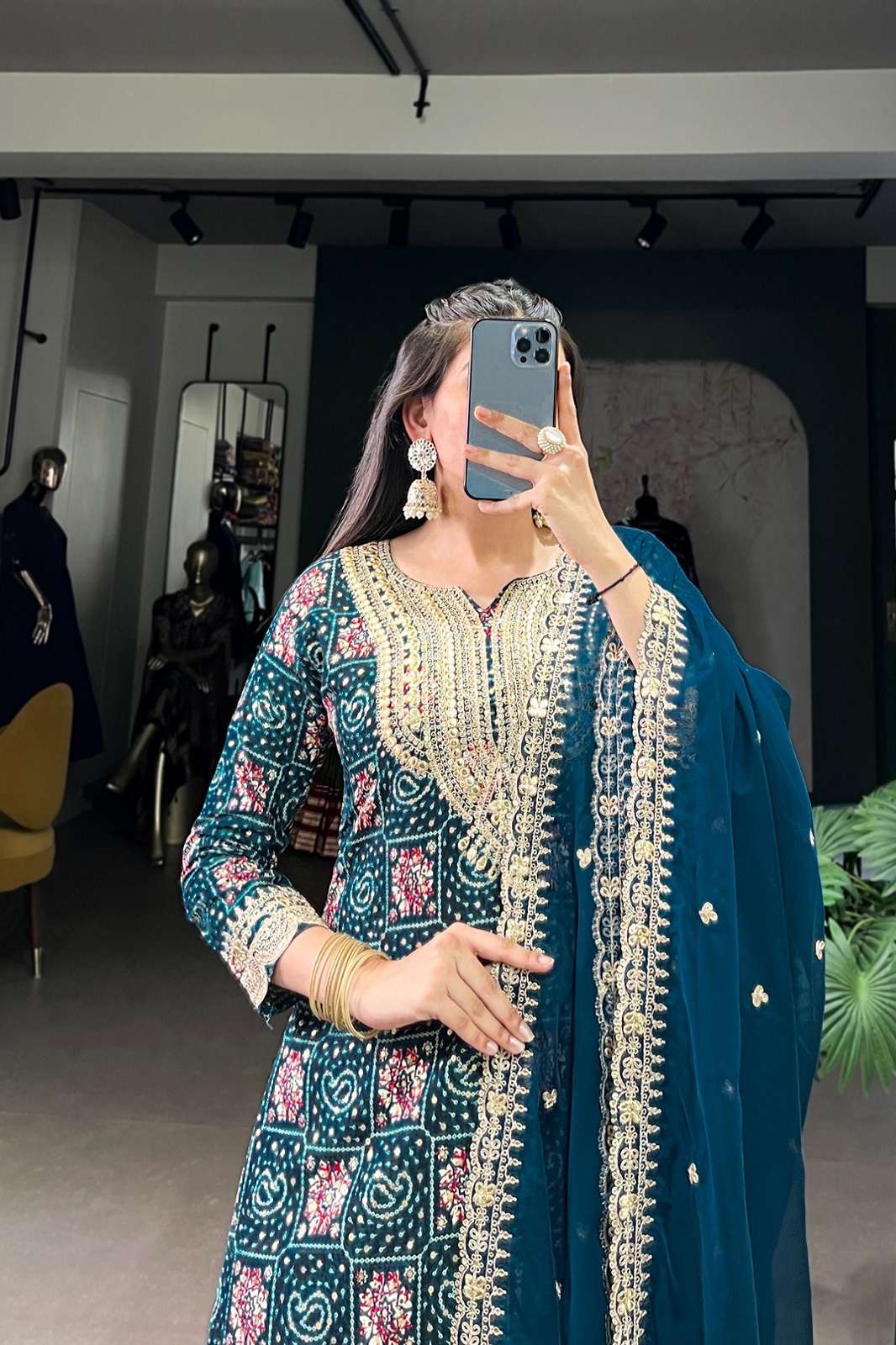 SHRI BALAJI 3038 TEAL BLUE PURE RAYON EMBROIDERED SUITS