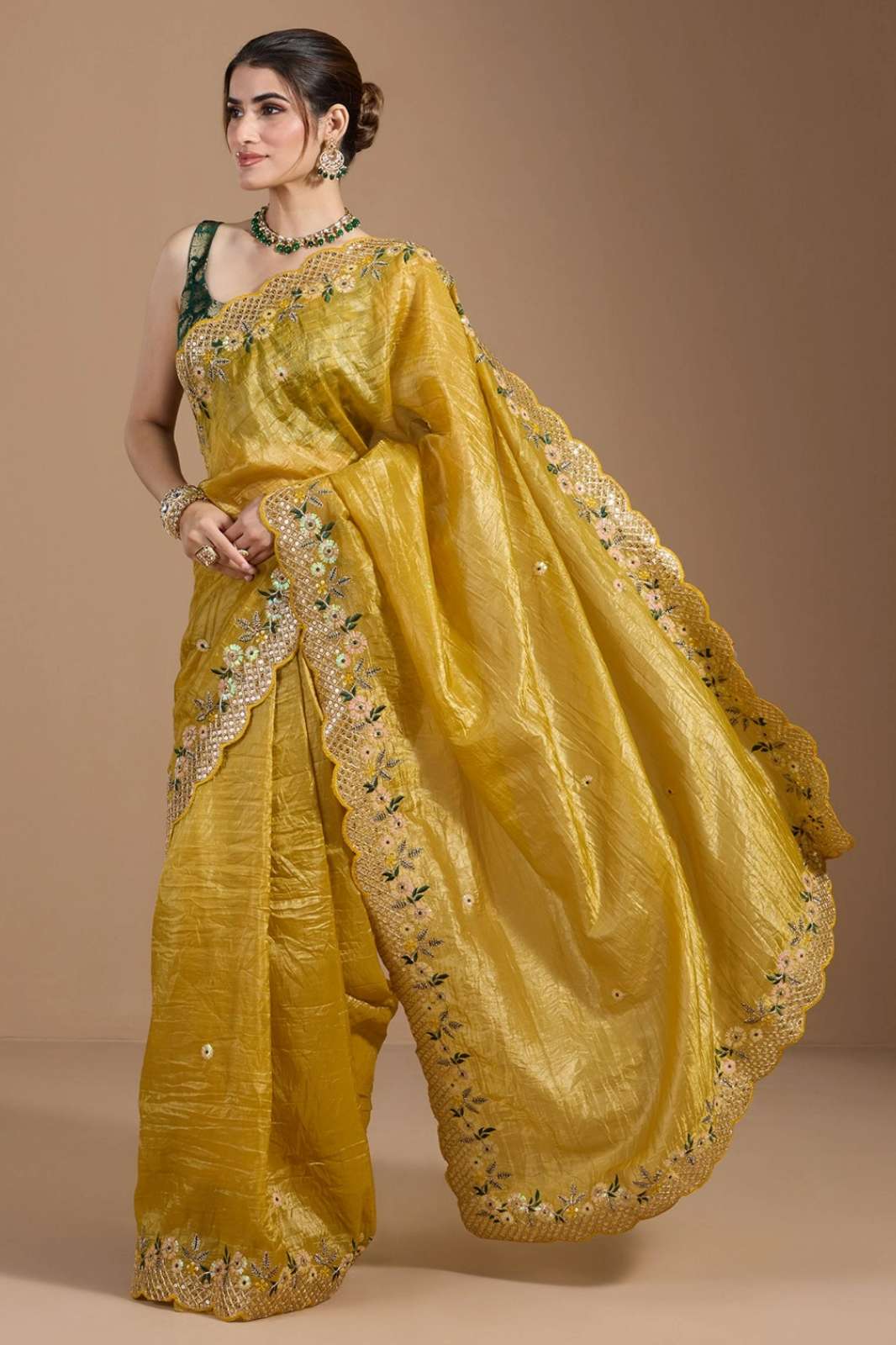 Shri Balaji Emporium BT1236 Soft Gold Crush Embroidery and Seqance Work Saree 