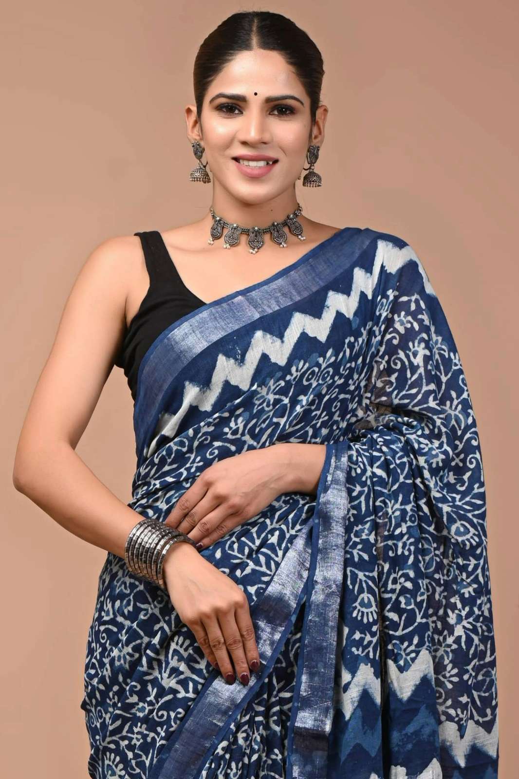 Shri Balaji Emporium RF 13534 Bagru Hand Block Printed Linen Saree