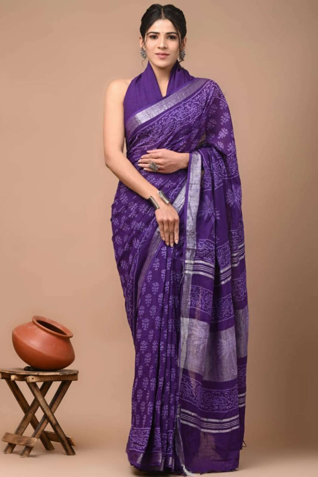 Shri Balaji Emporium RF 13534 Bagru Hand Block Printed Linen Saree