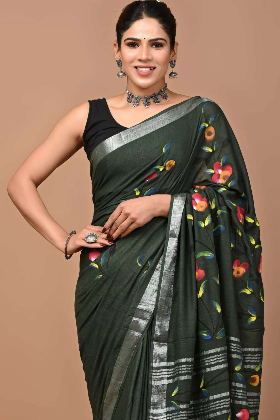 Shri Balaji Emporium RF 13534 Bagru Hand Block Printed Linen Saree