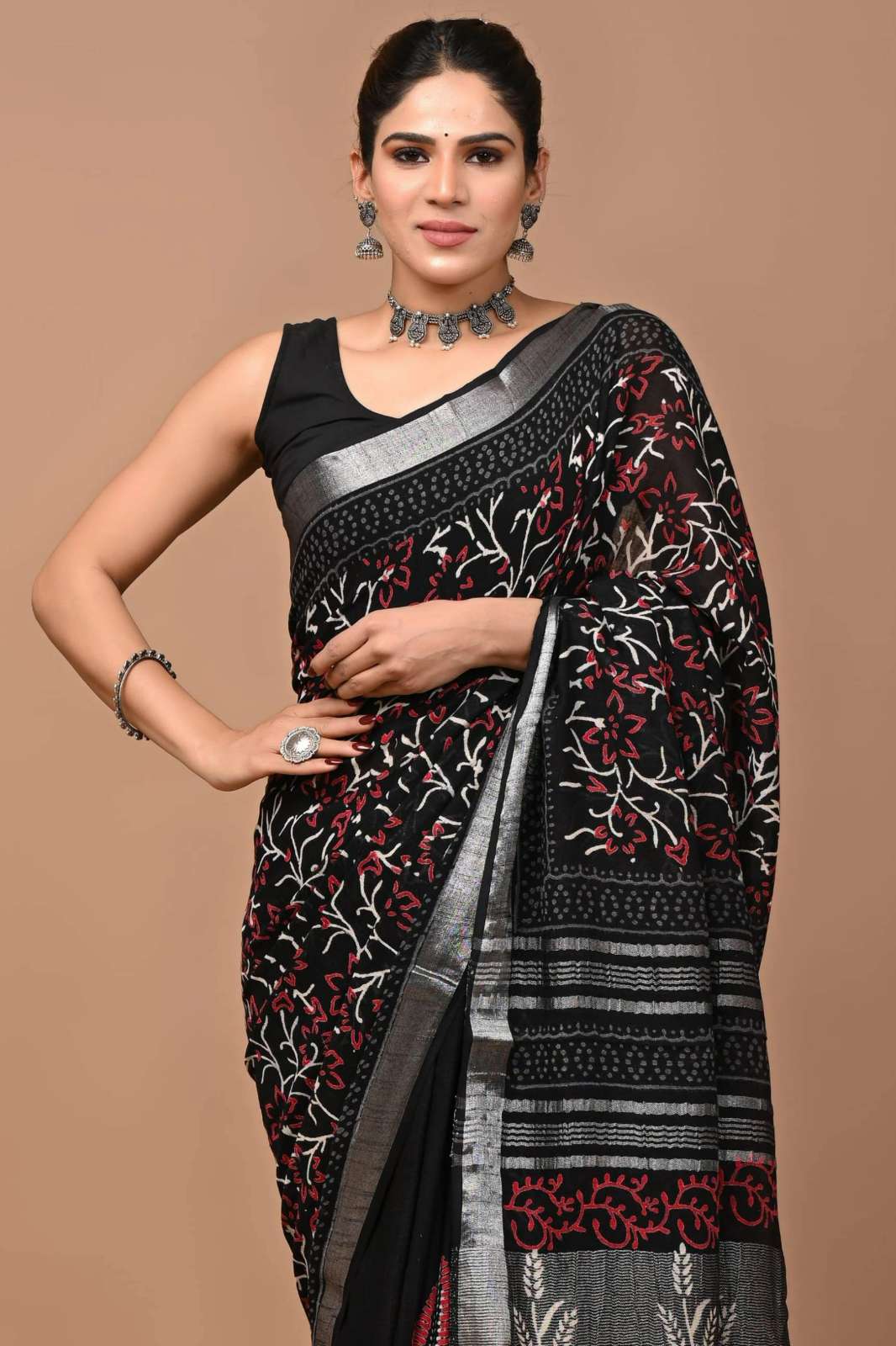 Shri Balaji Emporium RF 13534 Bagru Hand Block Printed Linen Saree
