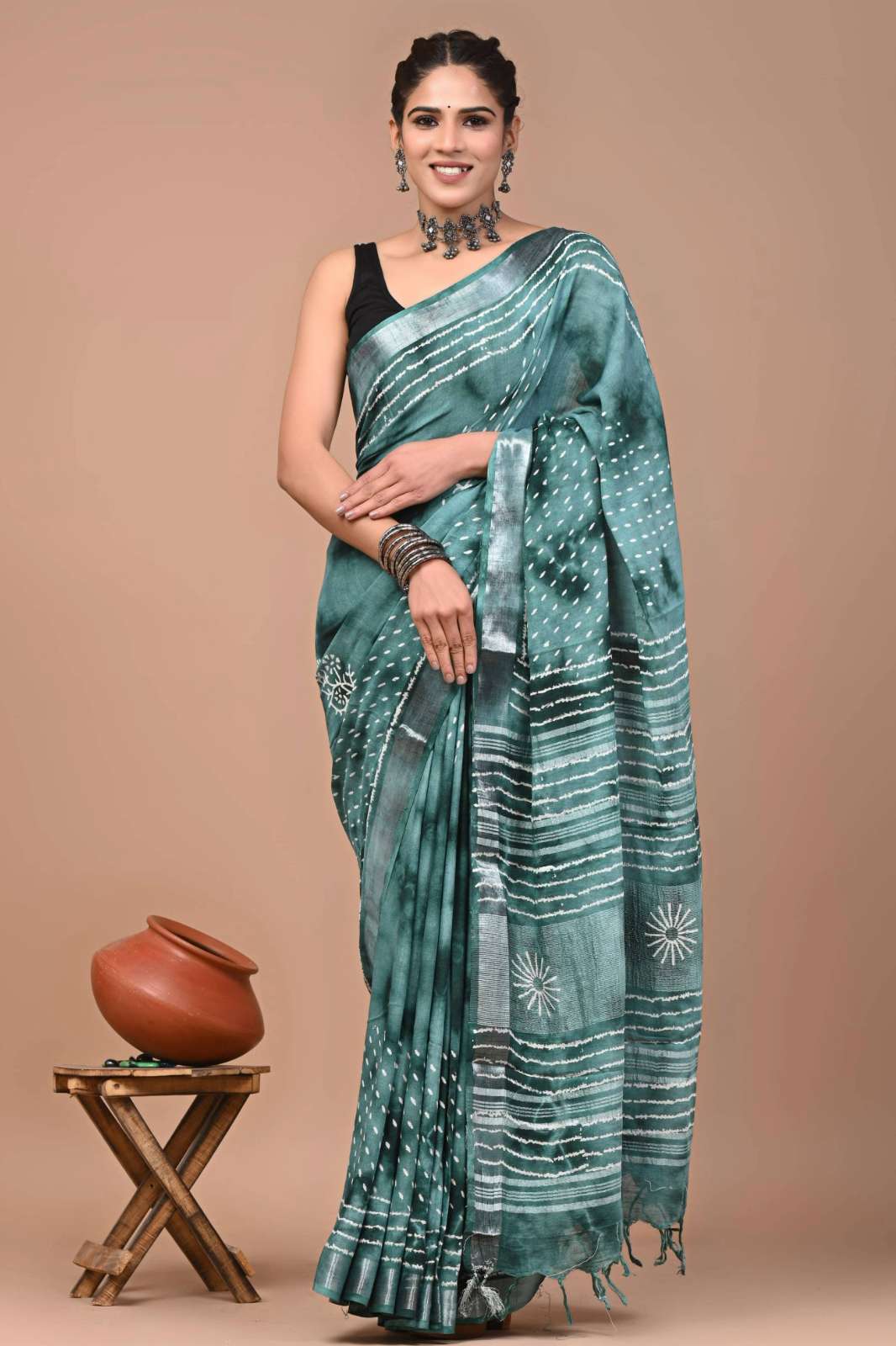 Shri Balaji Emporium RF 13534 Bagru Hand Block Printed Linen Saree