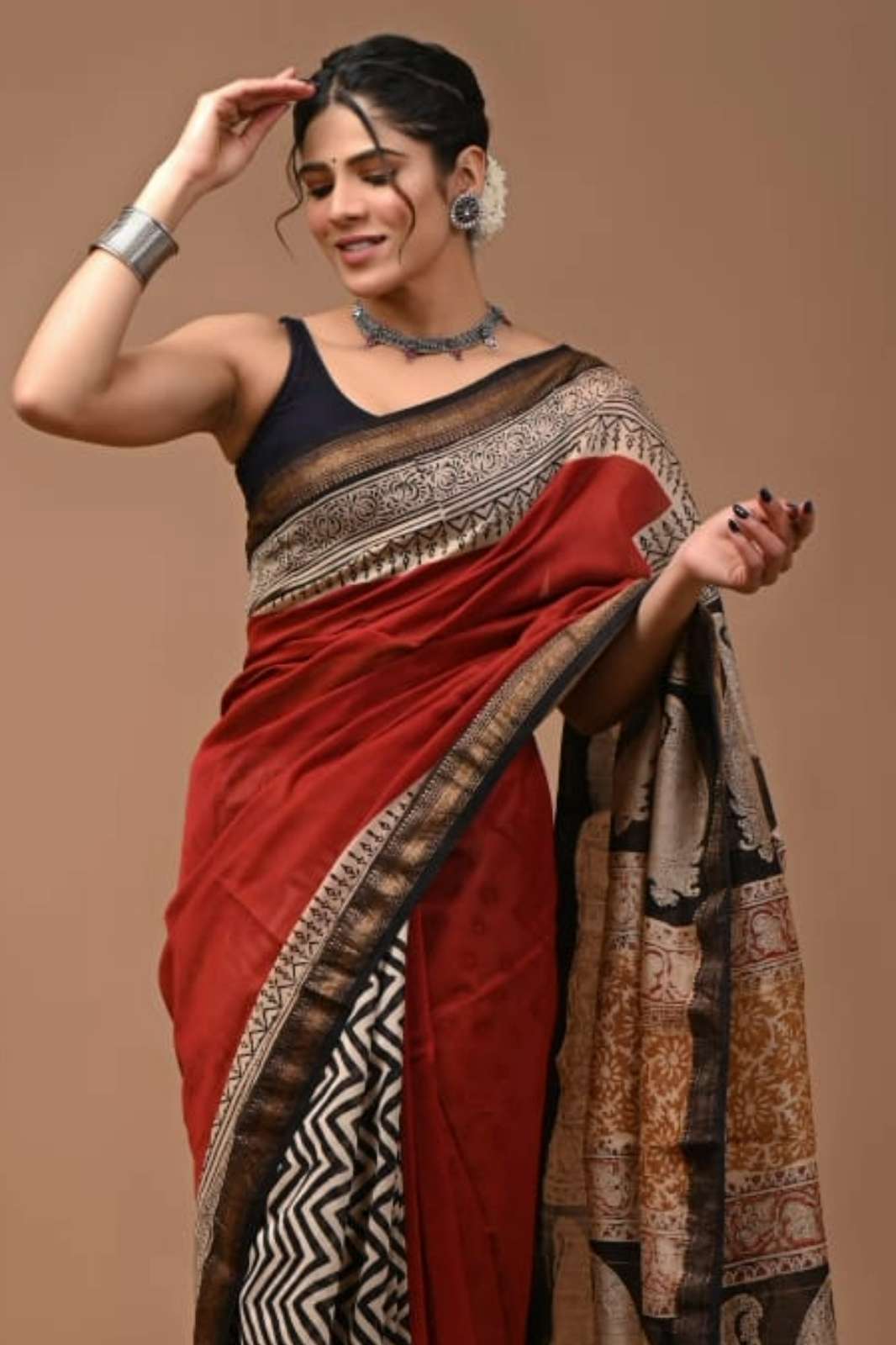 Shri Balaji Emporium RF Bagru Hand Block Printed Maheswari Silk Saree