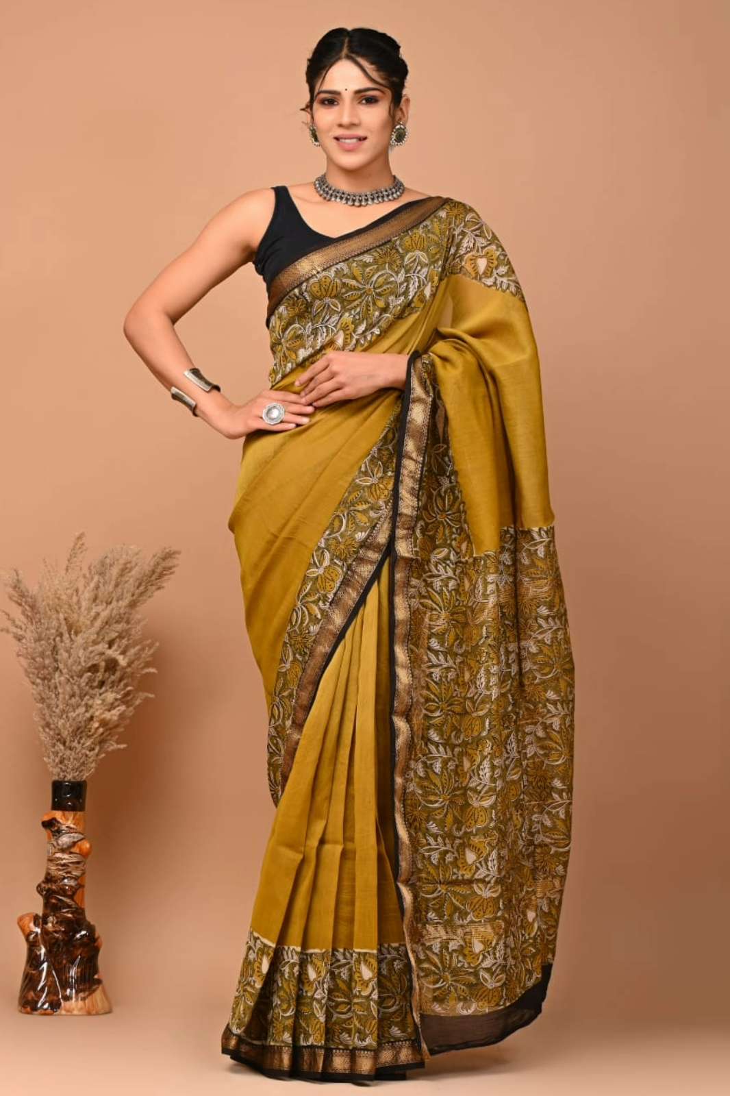 Shri Balaji Emporium RF Bagru Hand Block Printed Maheswari Silk Saree