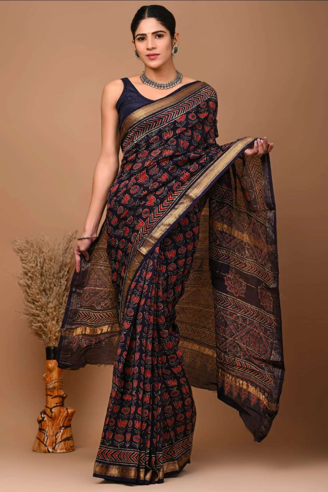 Shri Balaji Emporium RF Bagru Hand Block Printed Maheswari Silk Saree