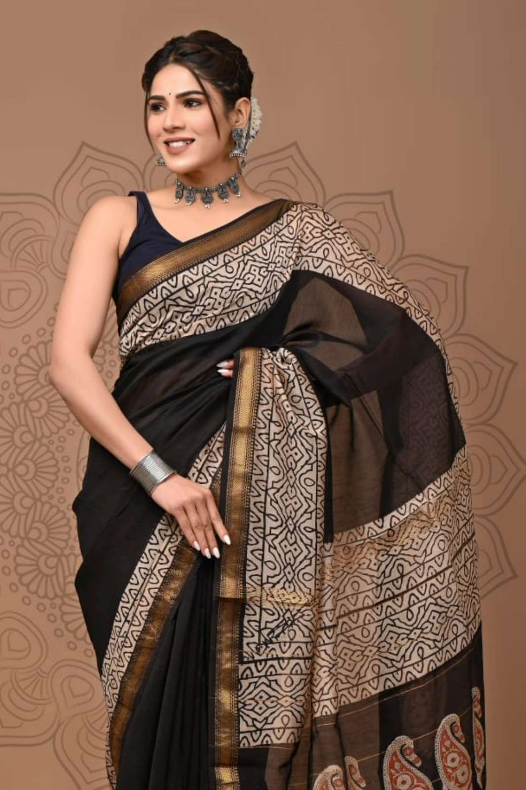 Shri Balaji Emporium RF Bagru Hand Block Printed Maheswari Silk Saree