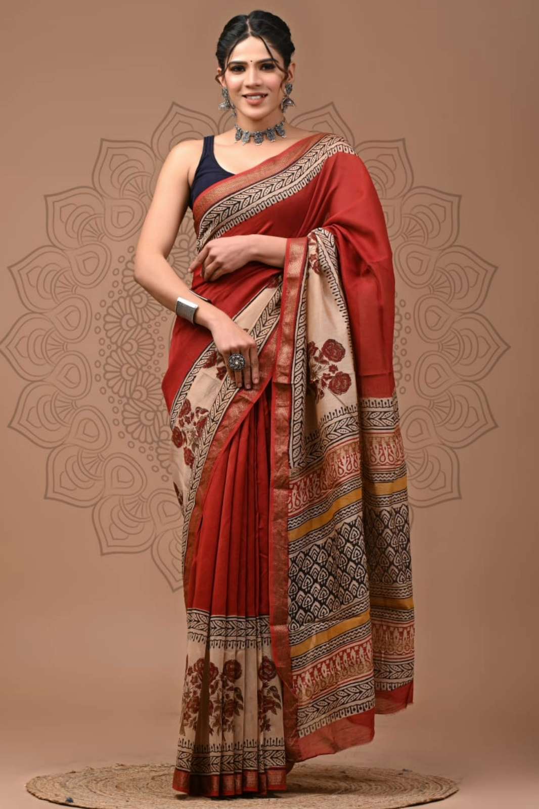 Shri Balaji Emporium RF Bagru Hand Block Printed Maheswari Silk Saree