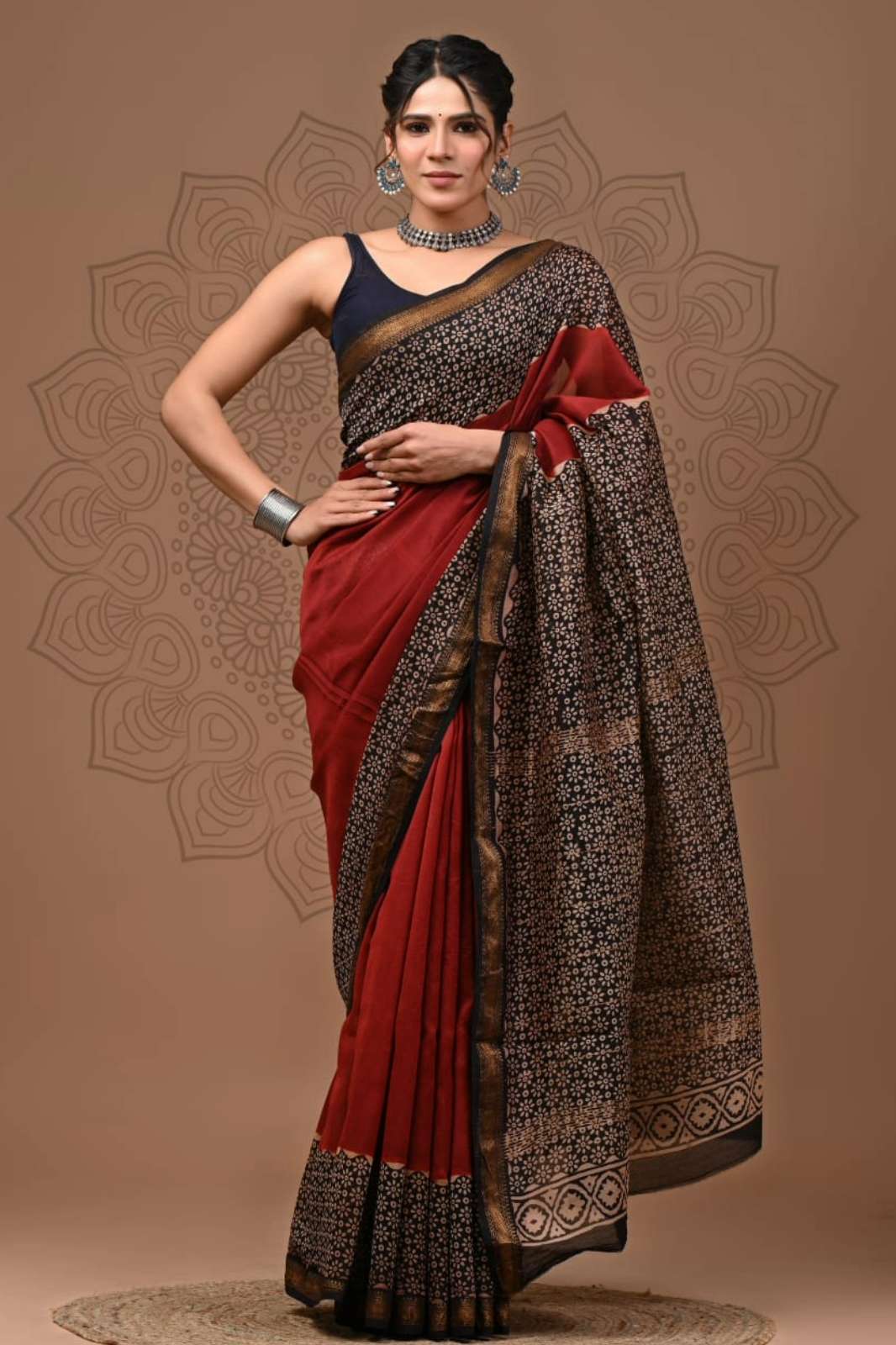 Shri Balaji Emporium RF Bagru Hand Block Printed Maheswari Silk Saree