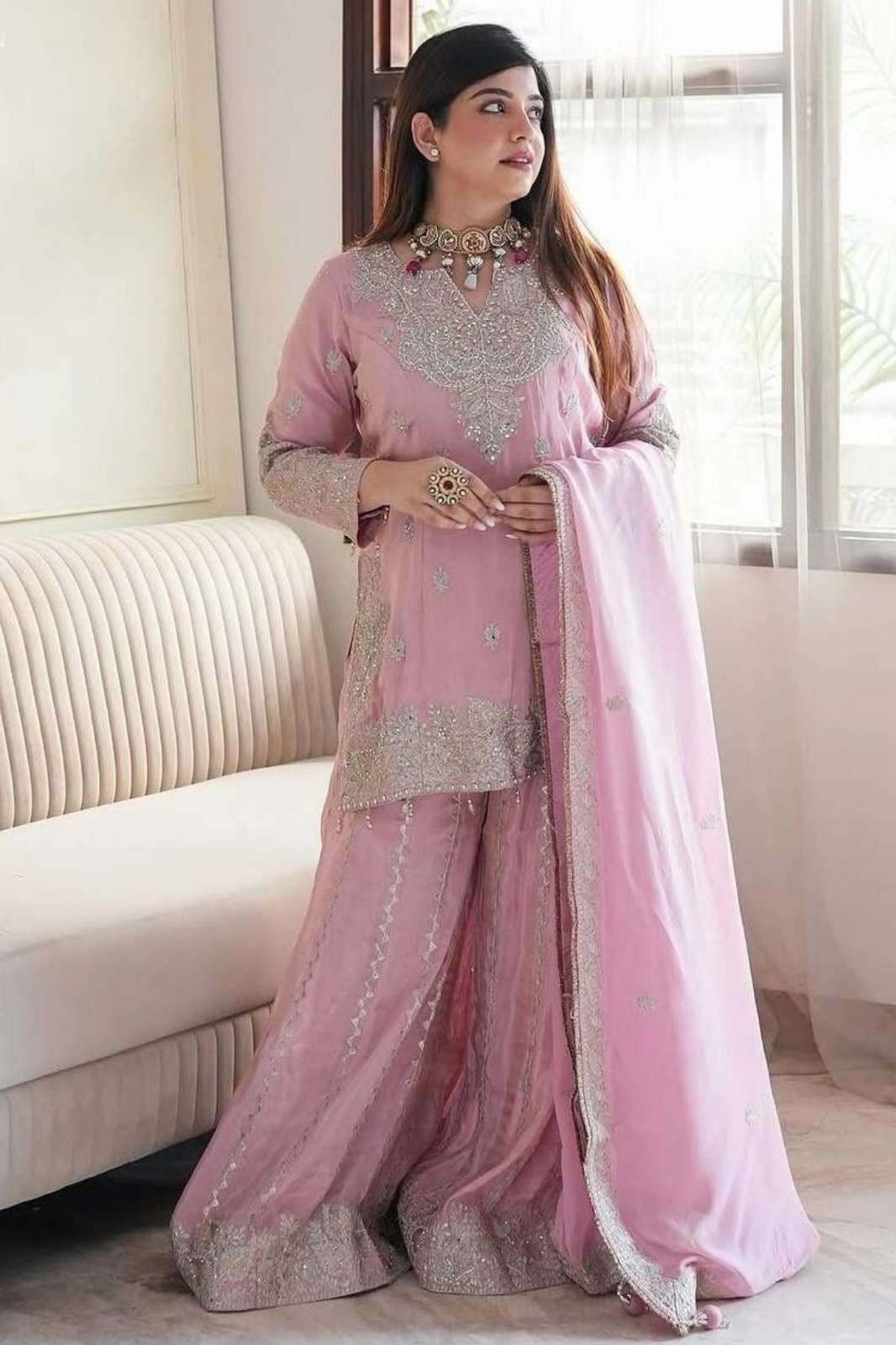Shri Balaji Emporium SSR-5002 Ready to Wear Chinon Silk Embroidery Sequence Work Shrara Suit