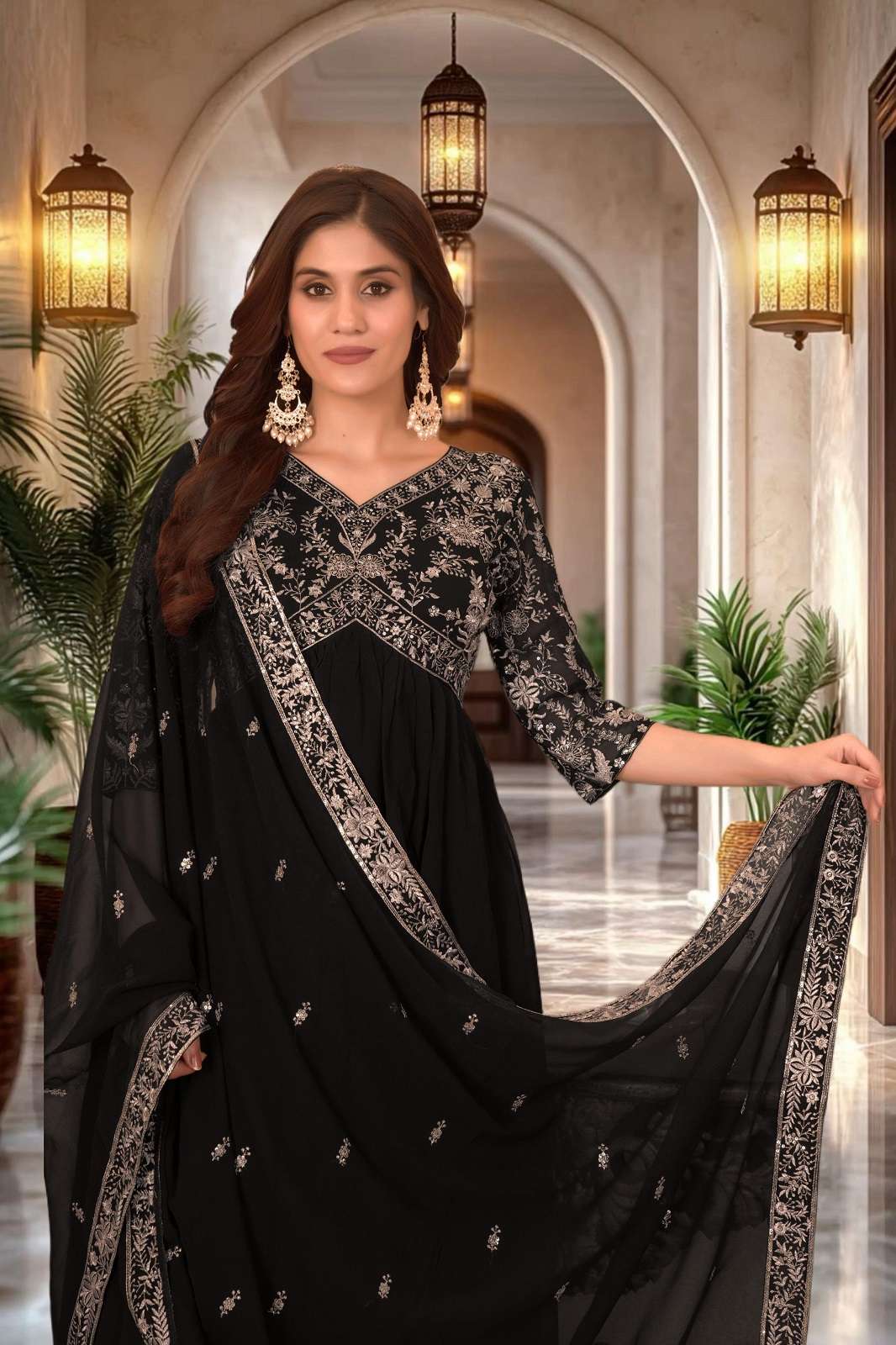 SHRI BALAJI ON5049 GEORGETTE EMBROIDERED READY TO WEAR BLACK GOWNS