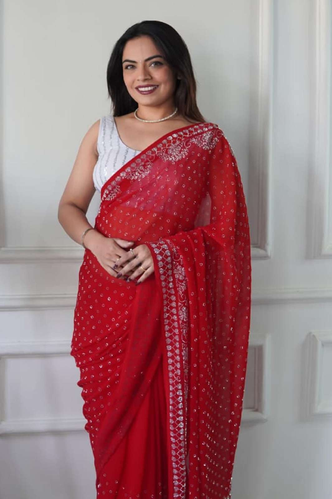 SHRI BALAJI RADHA GEORGETTE SWAROSKI WORKED PARTY WEAR SAREES