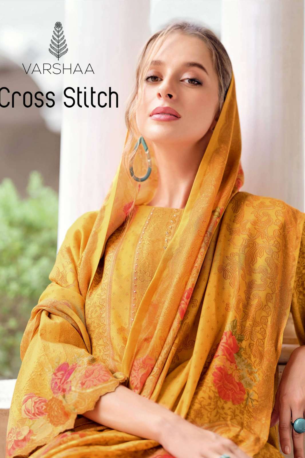 VARSHAA CROSS STITCH RUSSIAN SILK DIGITALLY PRINTED SUIT WITH HANDWORK