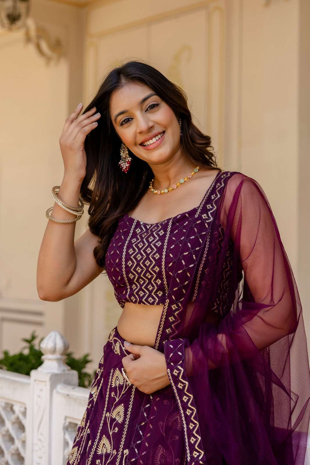 CRAZYCLOTHES TF 230 GEORGETTE THREAD EMBROIDERED LEHENGAS