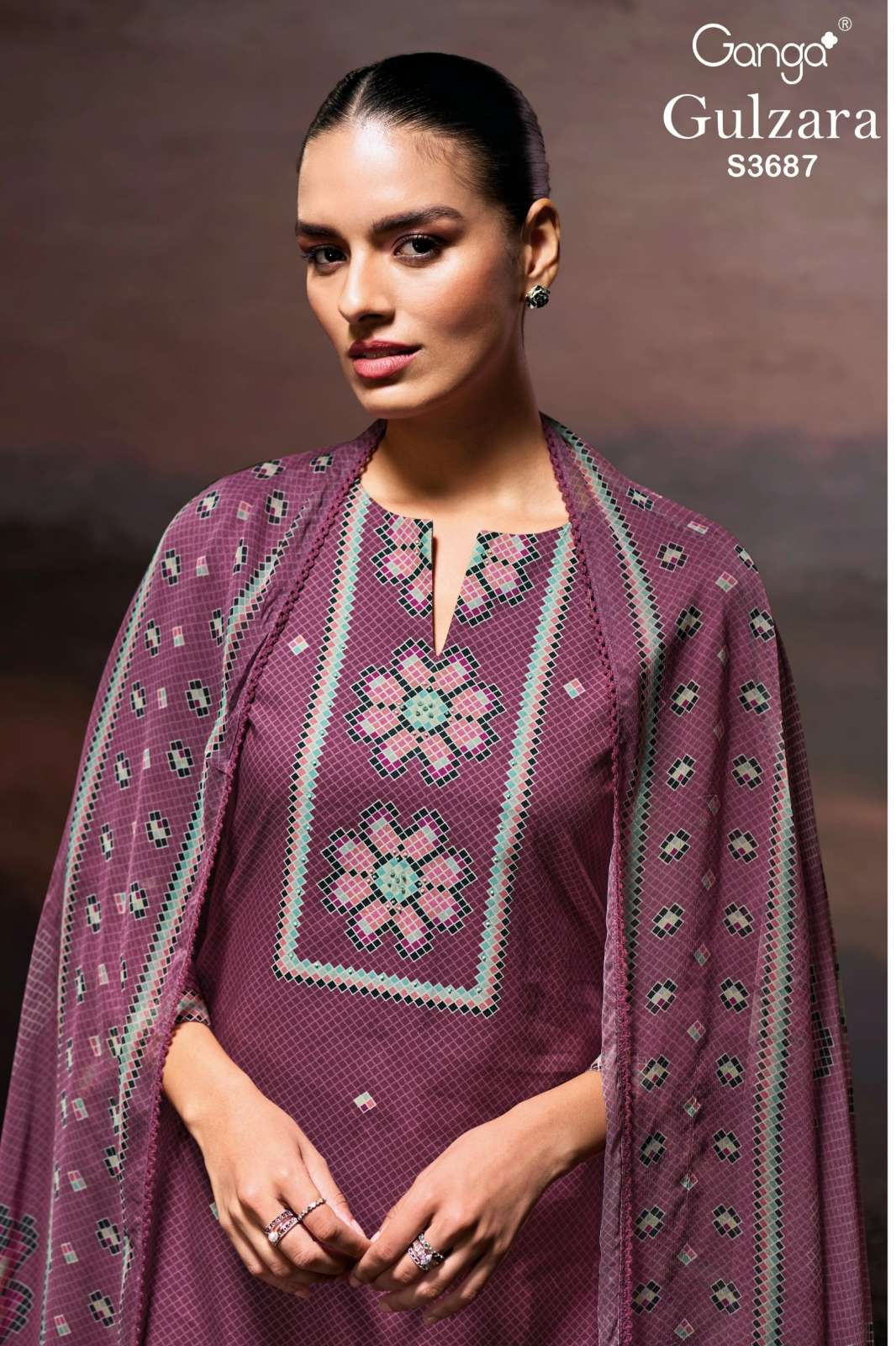 GANGA GULZARA S3687 PREMIUM COTTON SATIN PRINTED SUIT WITH HAND WORK
