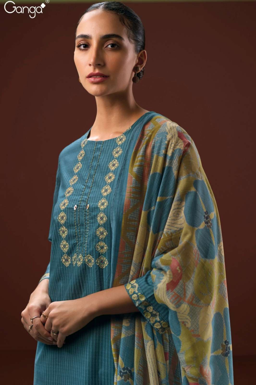 GANGA HAILEY S3625 PREMIUM COTTON PRINTED SUIT WITH HAND EMBROIDERY