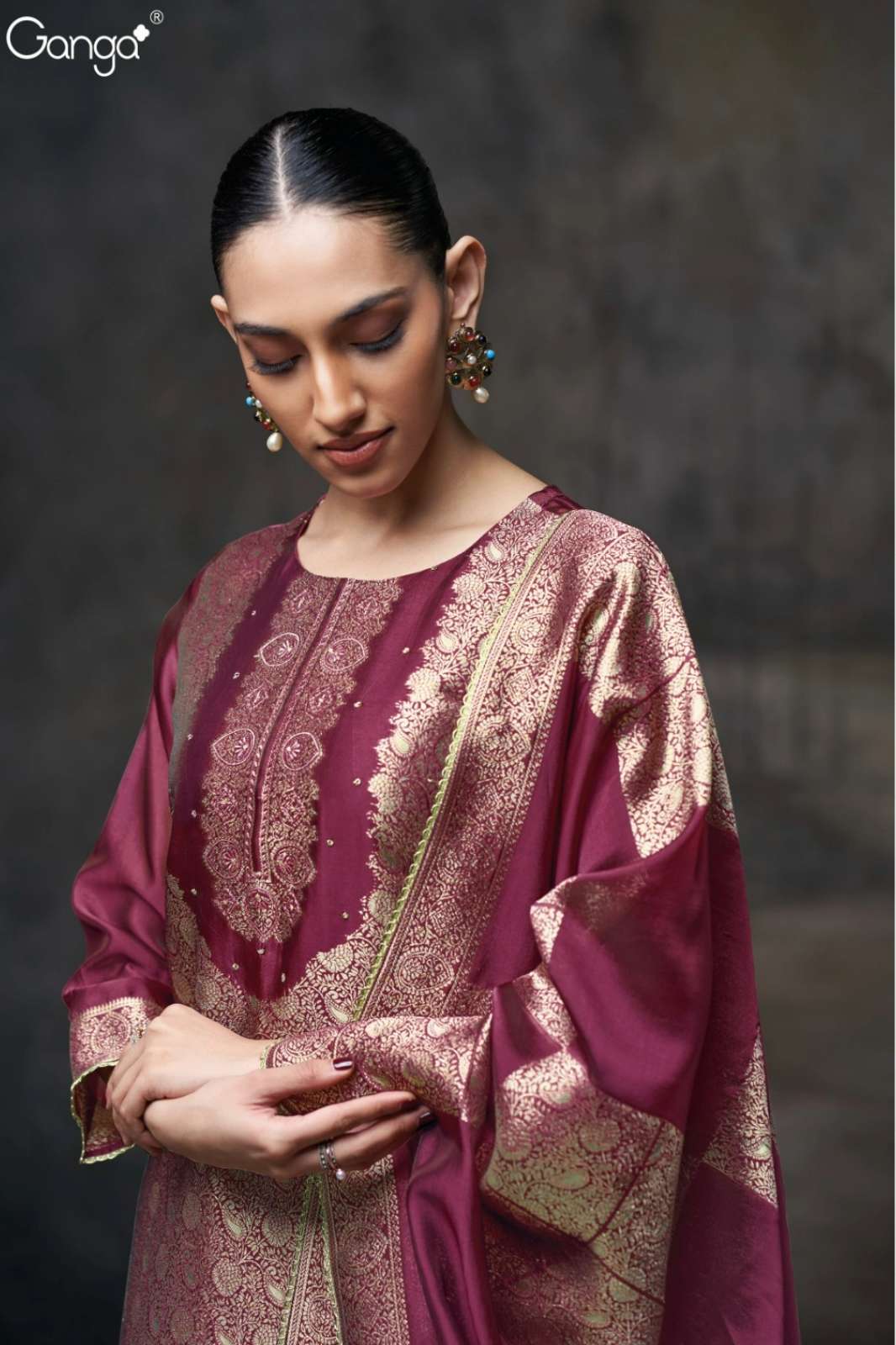 GANGA KIMBERLY S3697 PREMIUM PURE VISCOSE WOVEN SILK JACQUARD SUIT WITH HAND WORK