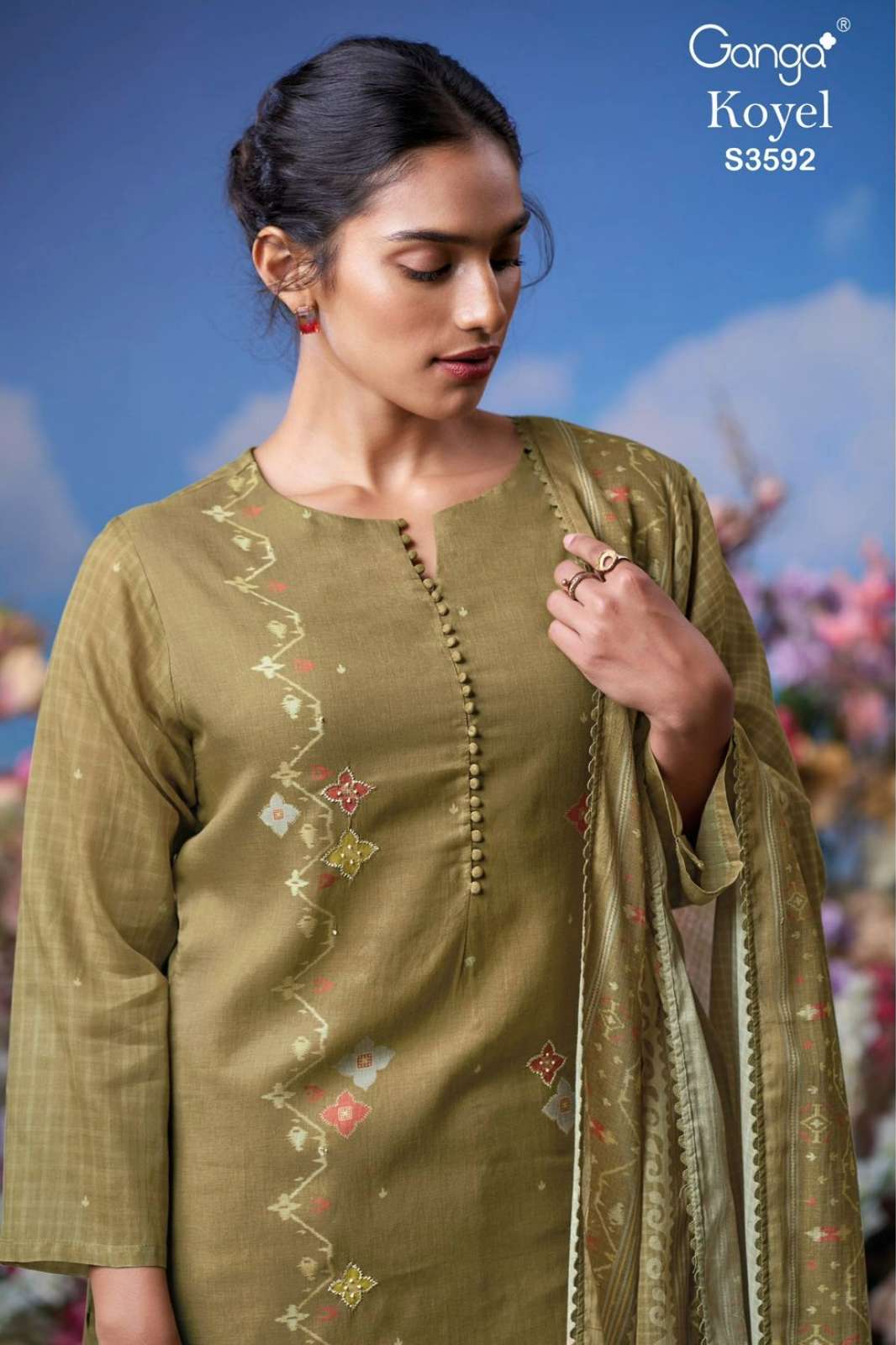 GANGA KOYEL S3592 PREMIUM PURE MUL PRINTED SUIT WITH HAND EMBROIDERY