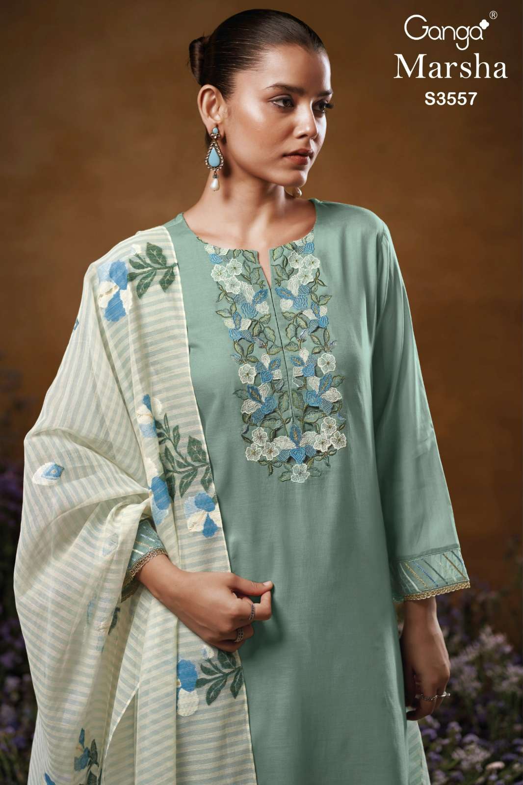 GANGA MARSHA S3557 PREMIUM PURE MUL SOLID COLOR SUIT WITH EMBROIDERY