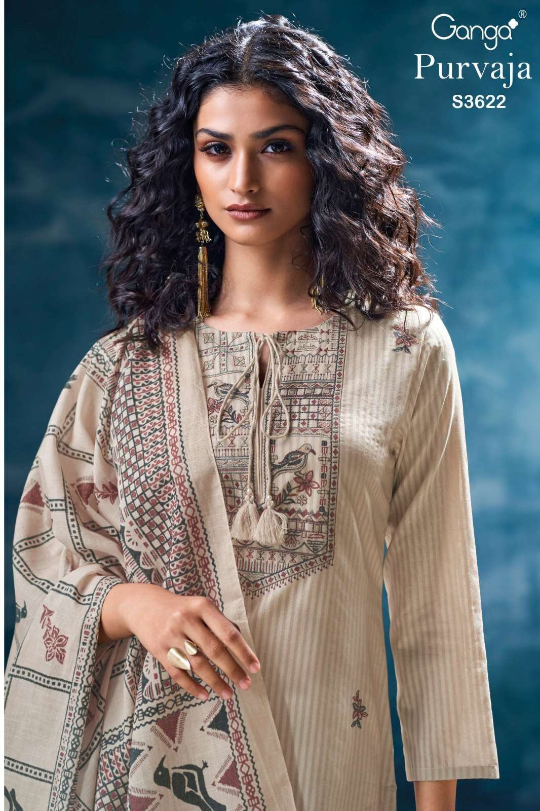 GANGA PURVAJA S3622 PREMIUM COTTON PATTERN PRINTED SUIT WITH EMBROIDERY