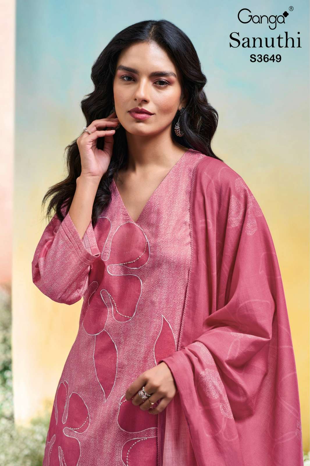 GANGA SANUTHI S3649 PREMIUM COTTON PTINTED SUIT WITH HAND EMBROIDERY