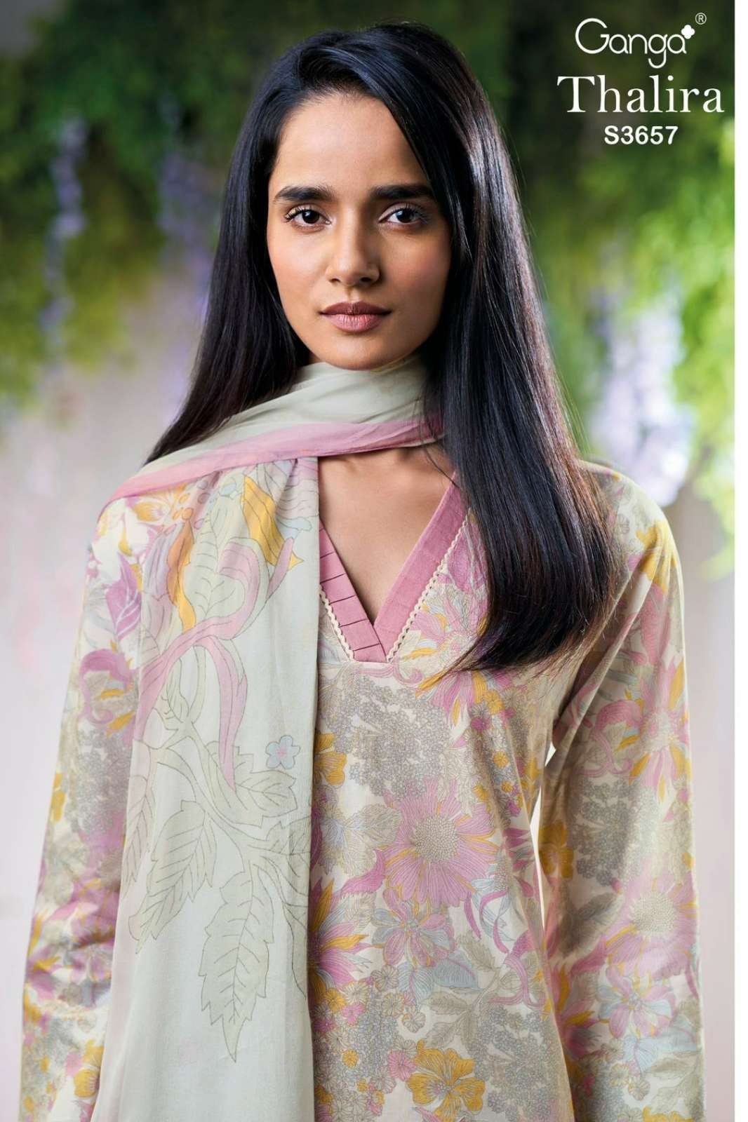 GANGA THALIRA S3657 PREMIUM COTTON PRINTED SUIT WITH PLEATED NECK BORDER