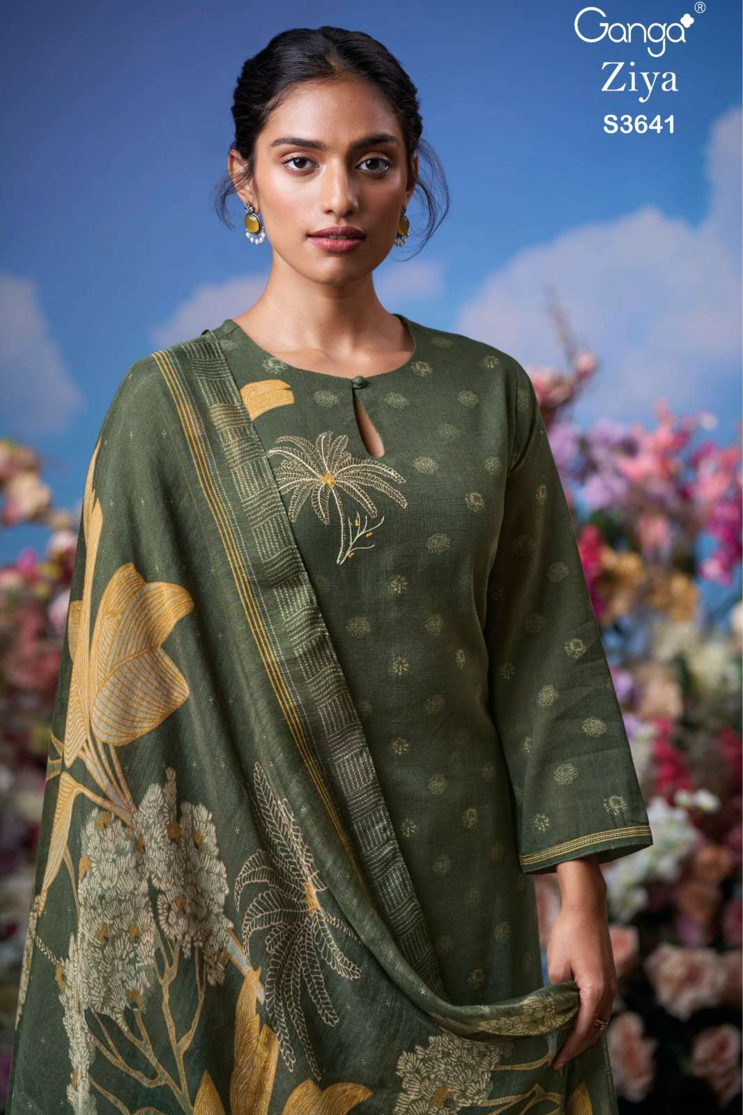 GANGA ZIYA S3641 PREMIUM COTTON PRINTED SUIT WITH HAND EMBROIDERY